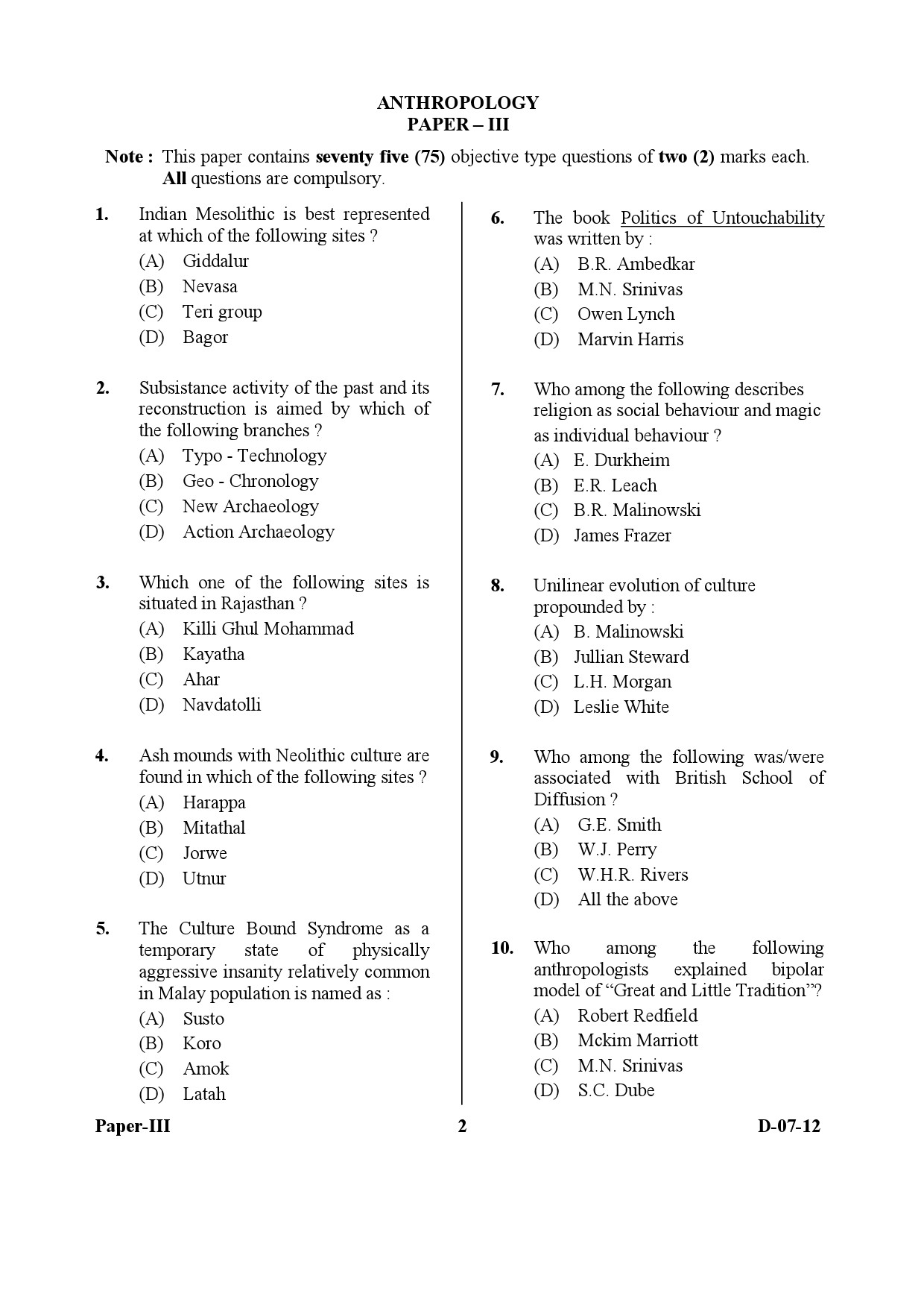 UGC NET Anthropology Question Paper III December 2012 2