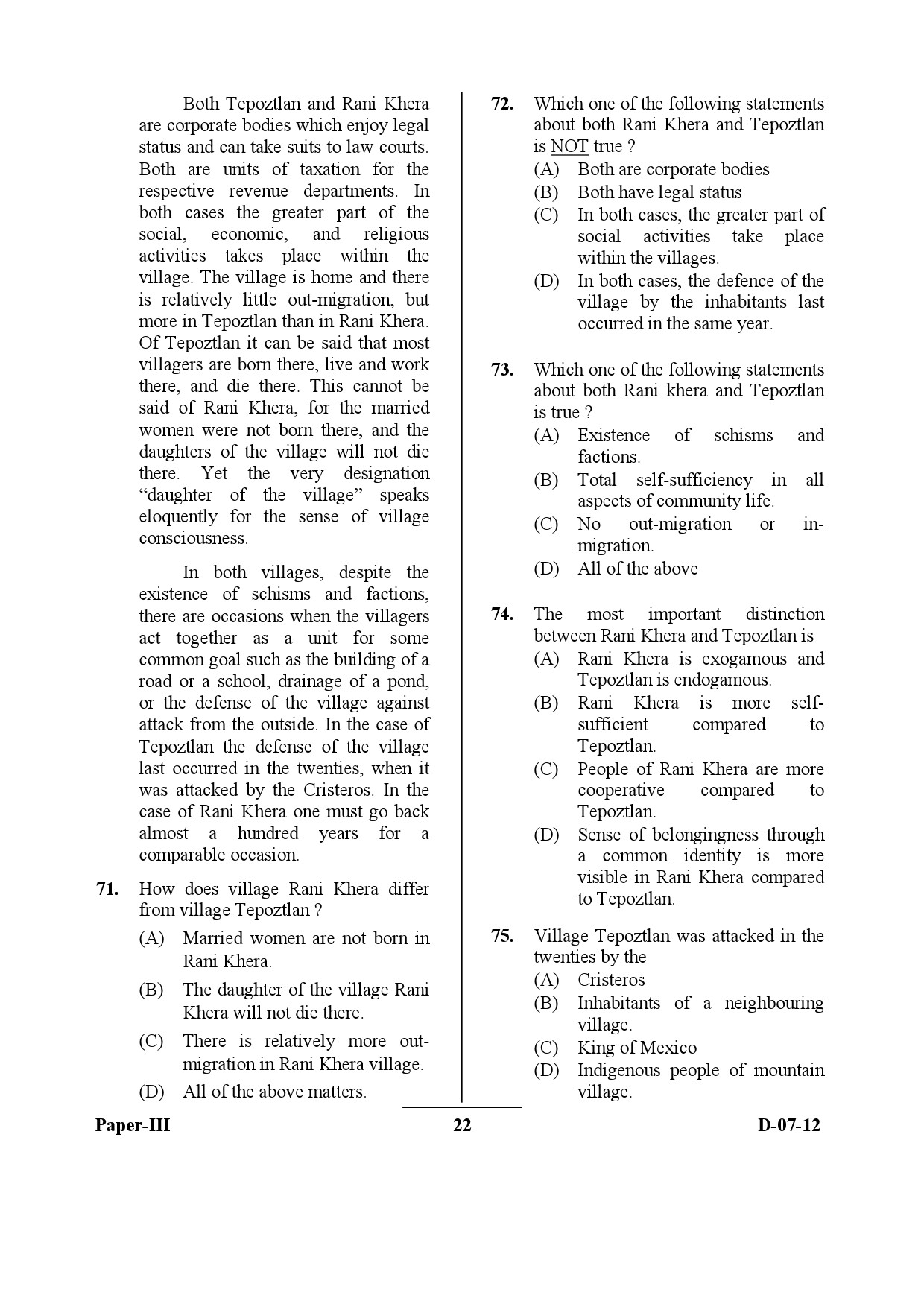 UGC NET Anthropology Question Paper III December 2012 22