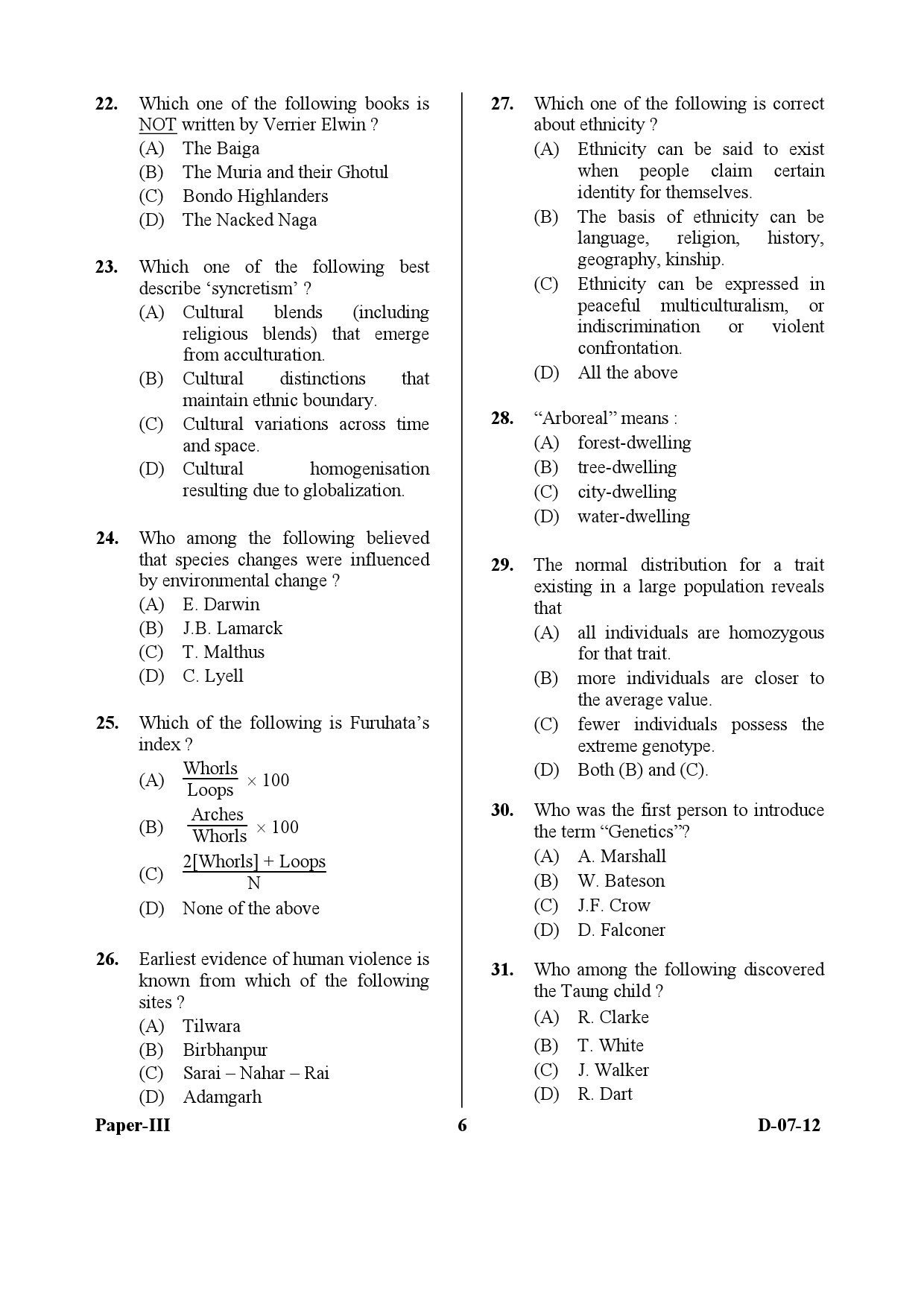 UGC NET Anthropology Question Paper III December 2012 6