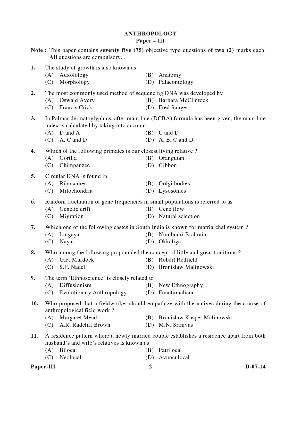 UGC NET Anthropology Question Paper III December 2014 2