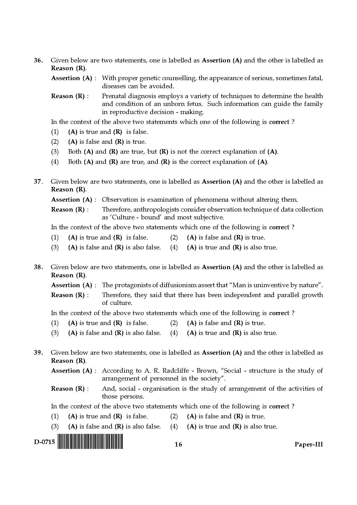 UGC NET Anthropology Question Paper III December 2015 16