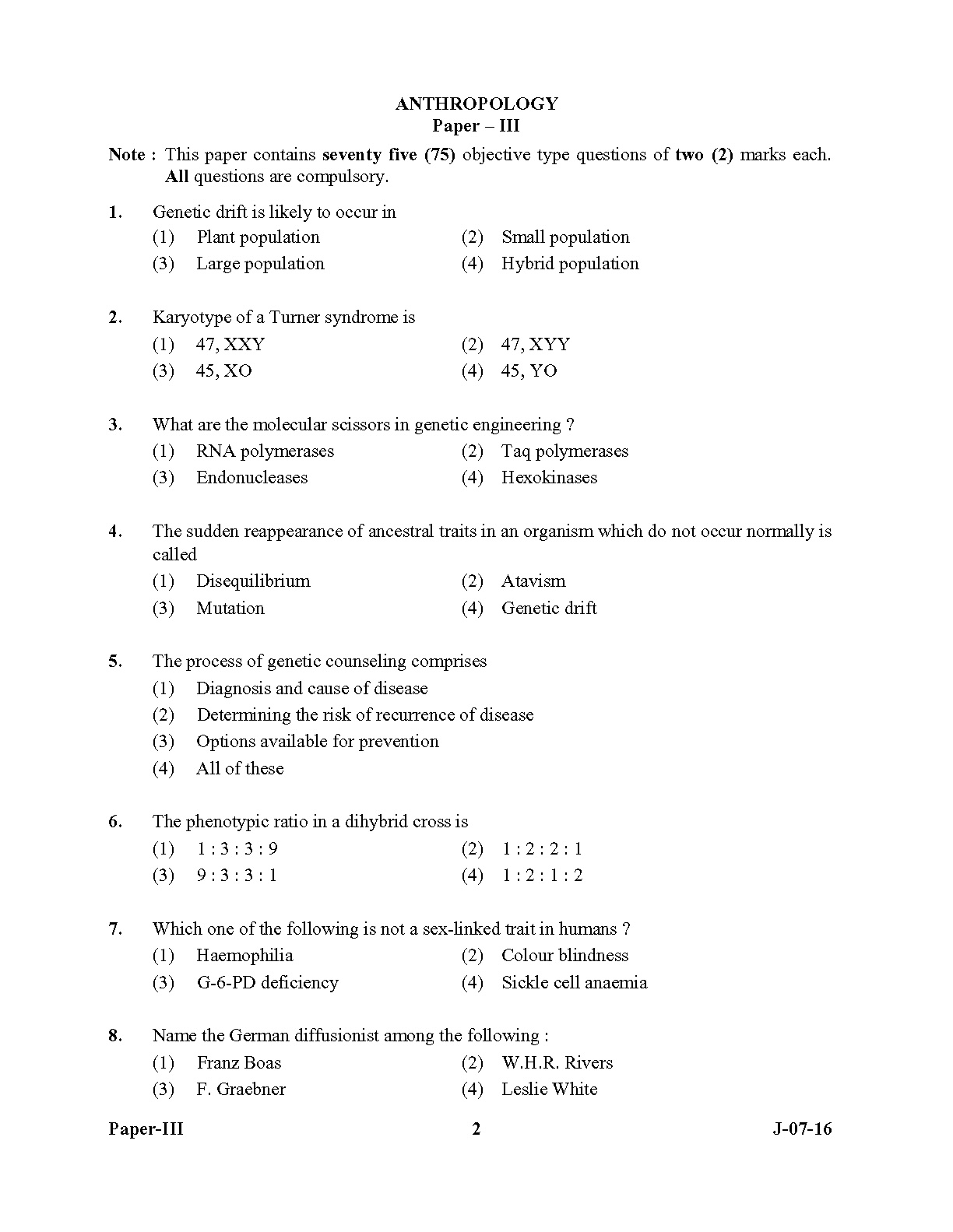 UGC NET Anthropology Question Paper III July 2016 Set 2 2