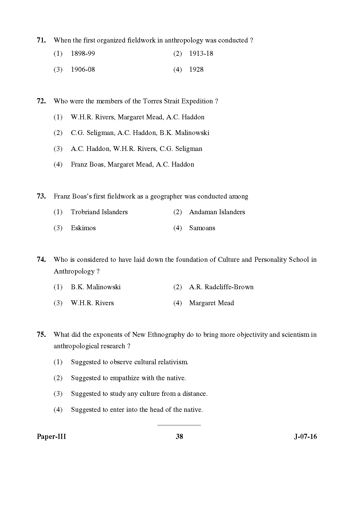 UGC NET Anthropology Question Paper III July 2016 38