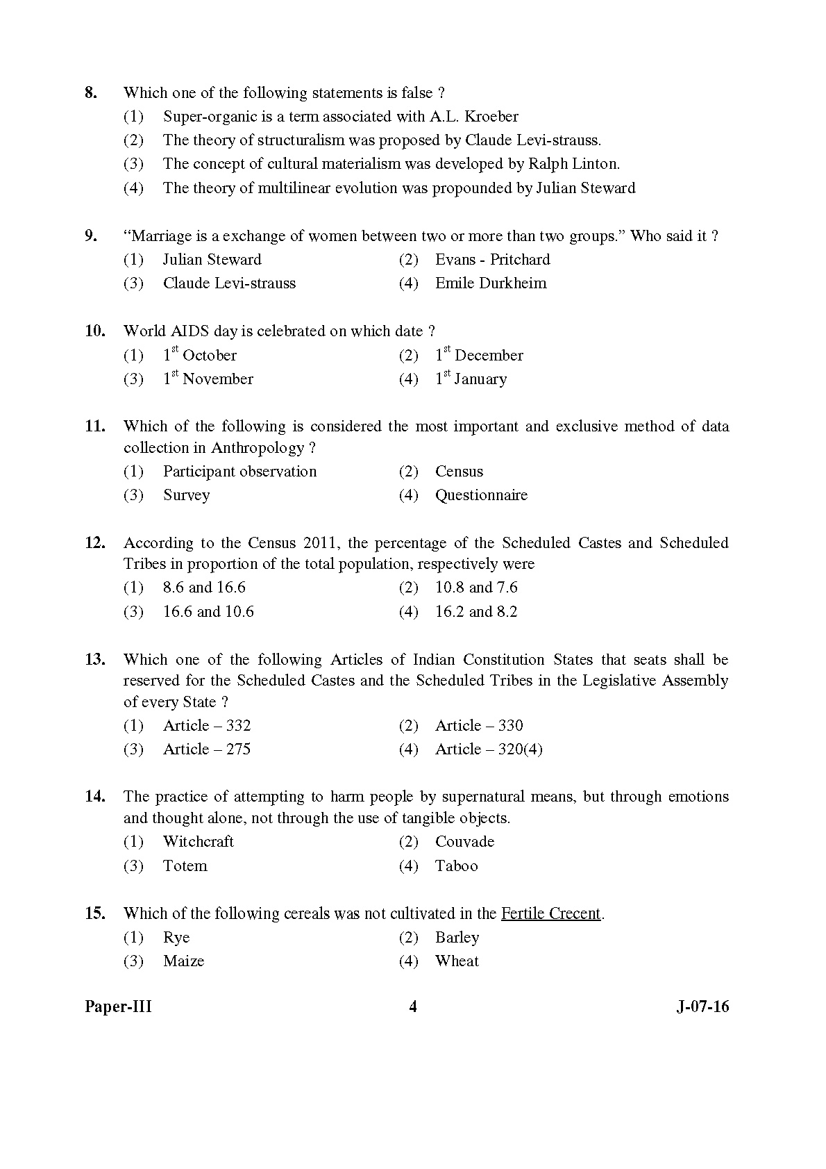 UGC NET Anthropology Question Paper III July 2016 4