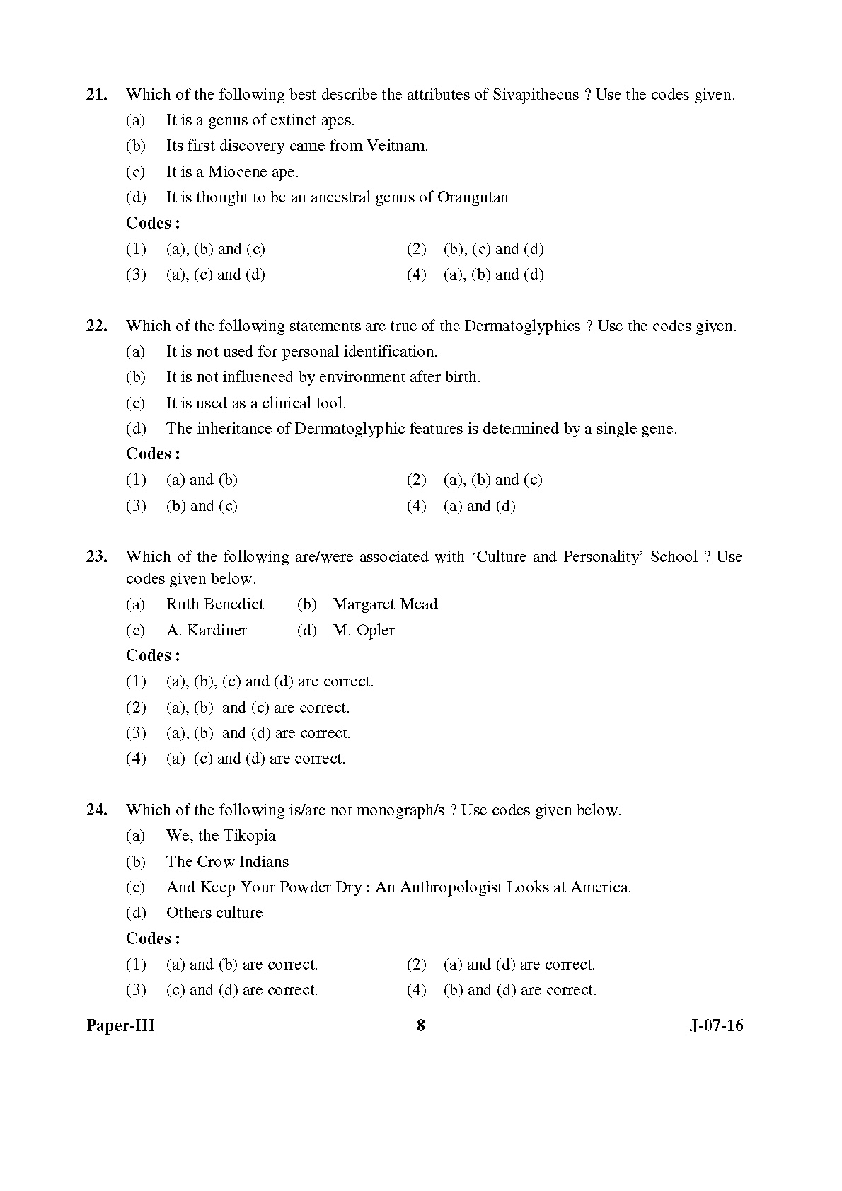 UGC NET Anthropology Question Paper III July 2016 8