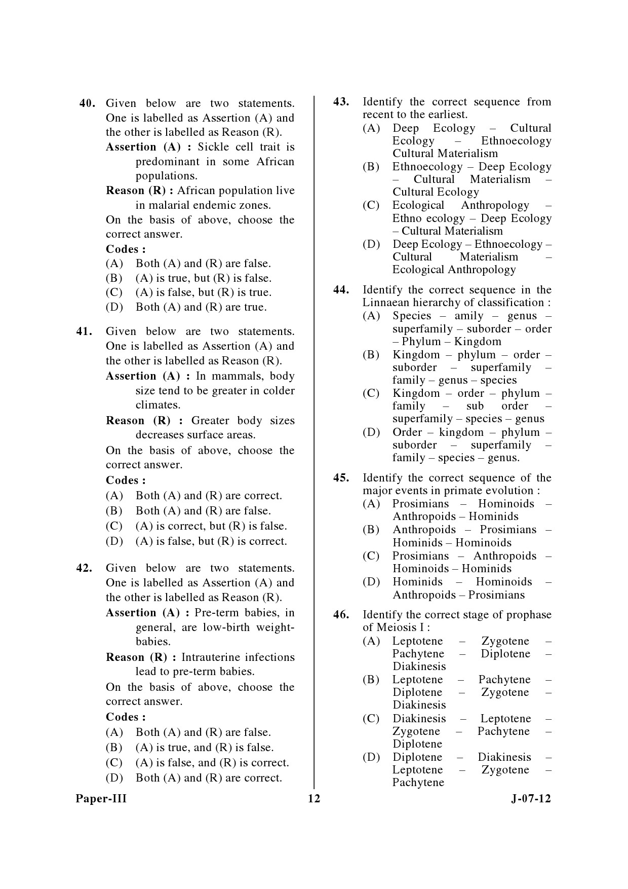 UGC NET Anthropology Question Paper III June 2012 12