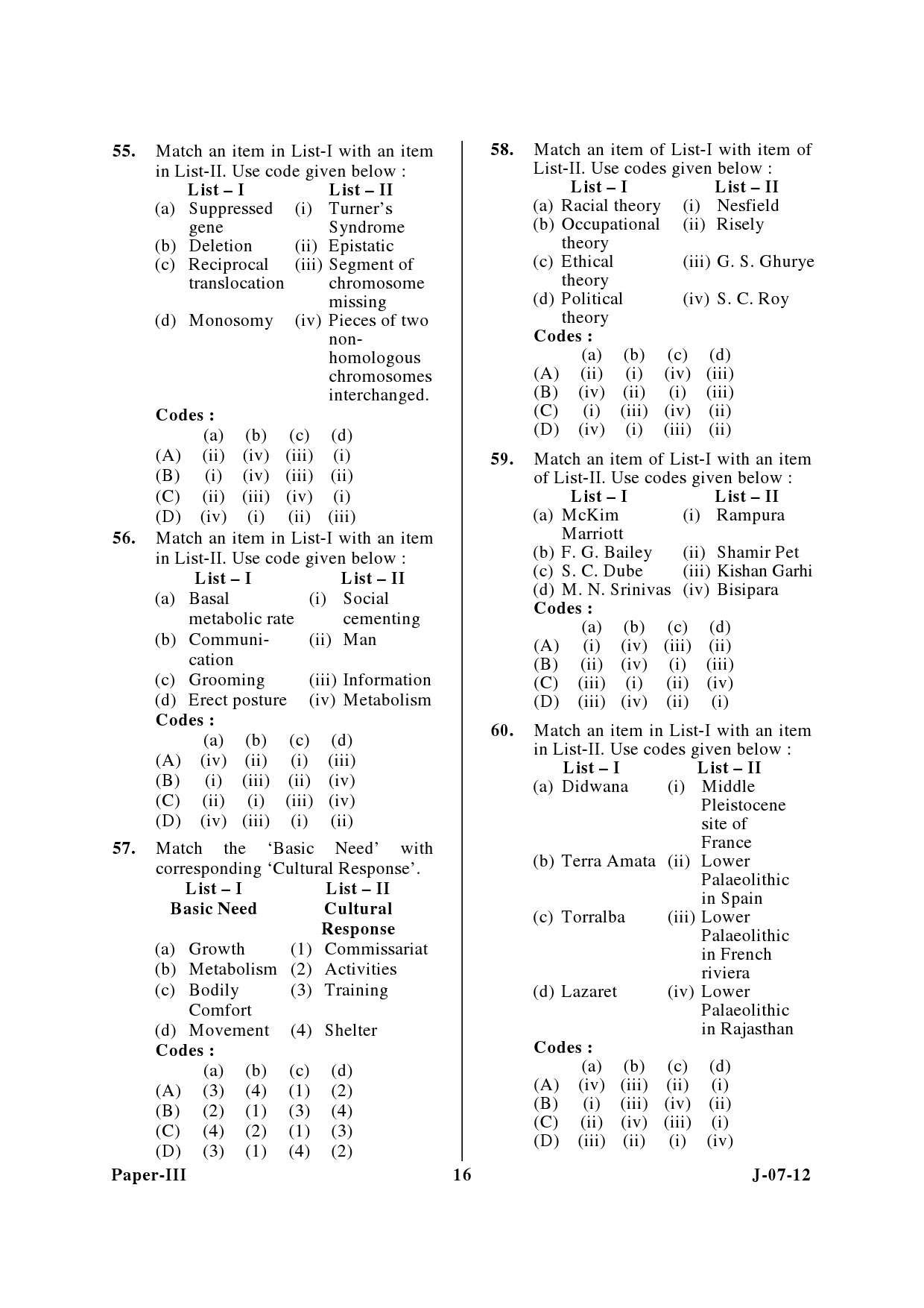 UGC NET Anthropology Question Paper III June 2012 16