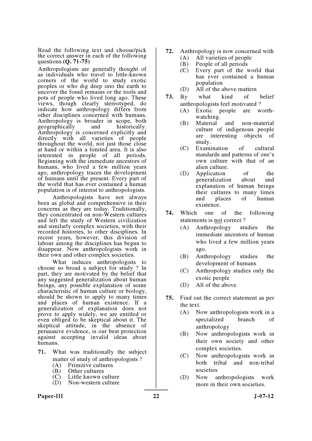 UGC NET Anthropology Question Paper III June 2012 22