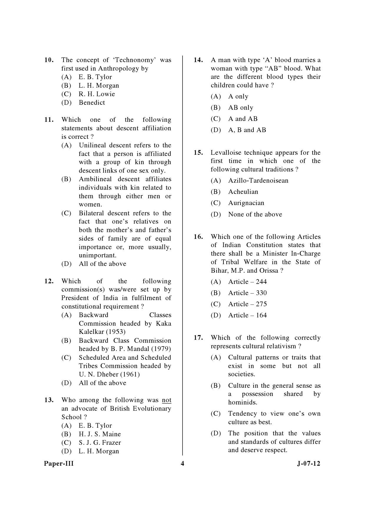 UGC NET Anthropology Question Paper III June 2012 4