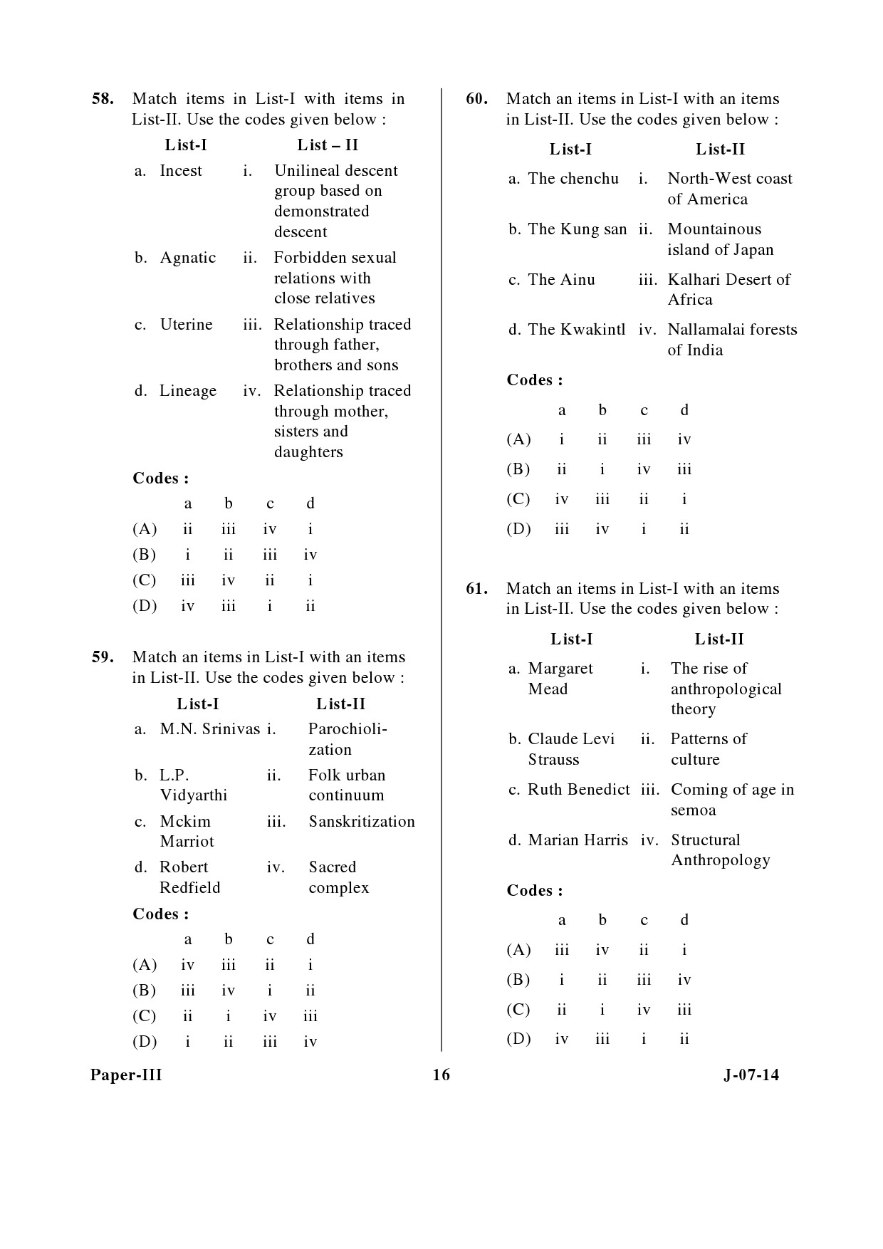 UGC NET Anthropology Question Paper III June 2014 16