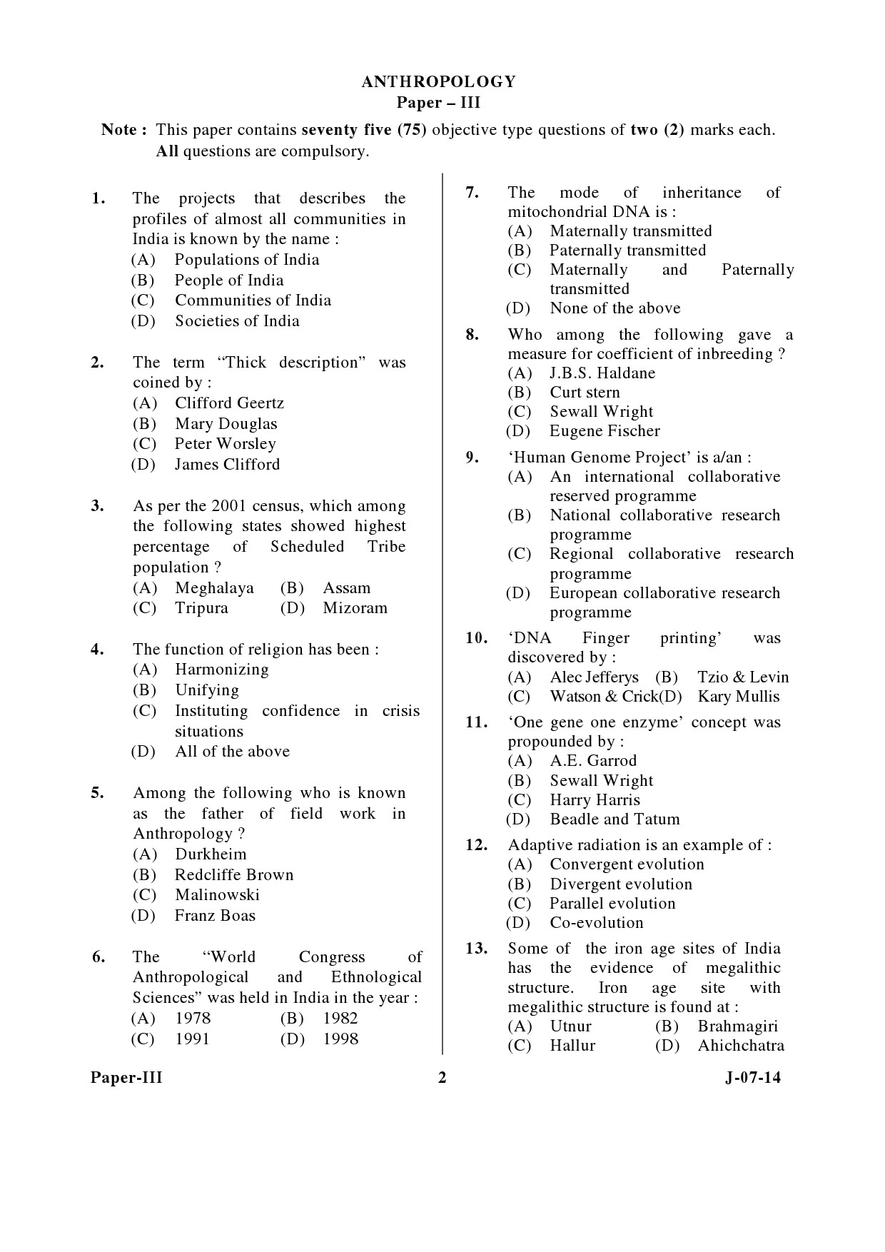 UGC NET Anthropology Question Paper III June 2014 2