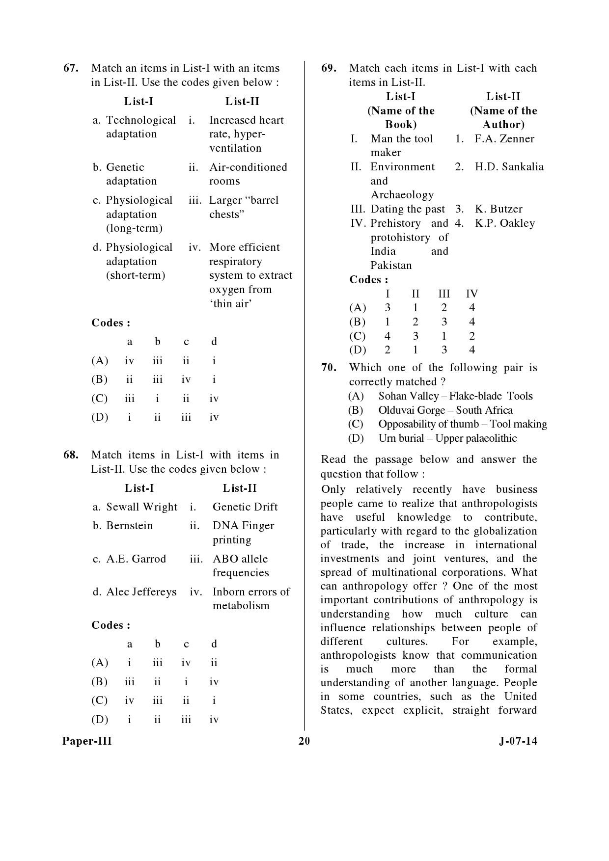 UGC NET Anthropology Question Paper III June 2014 20