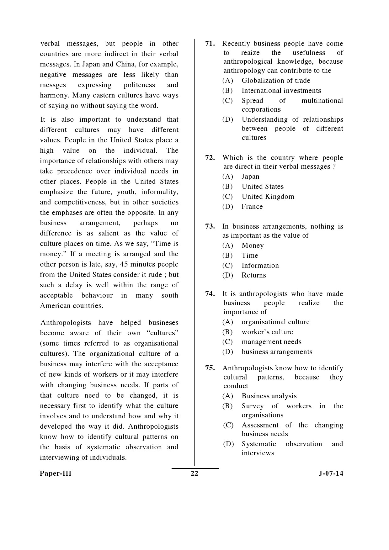 UGC NET Anthropology Question Paper III June 2014 22