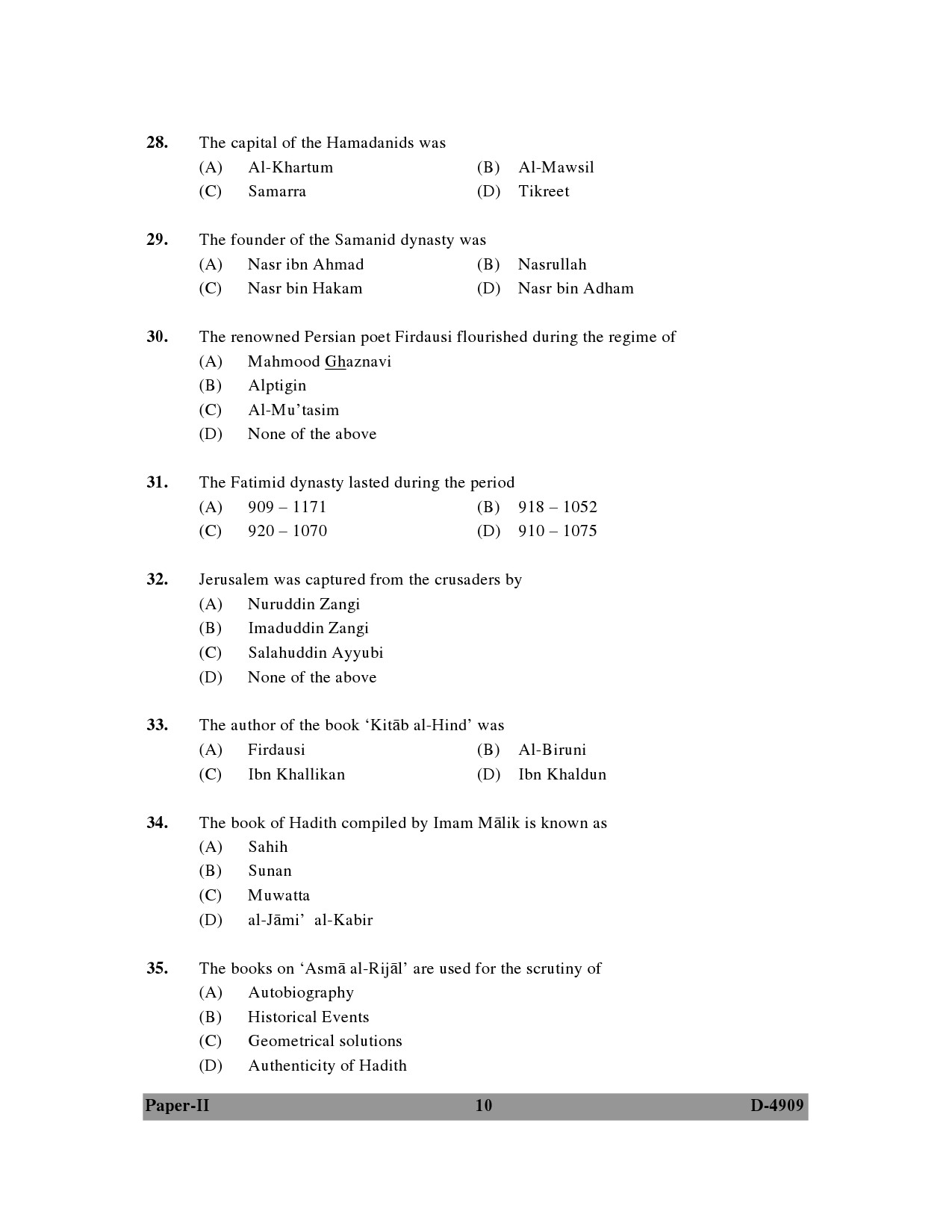 UGC NET Arab Culture and Islamic Studies Question Paper II December 2009 10