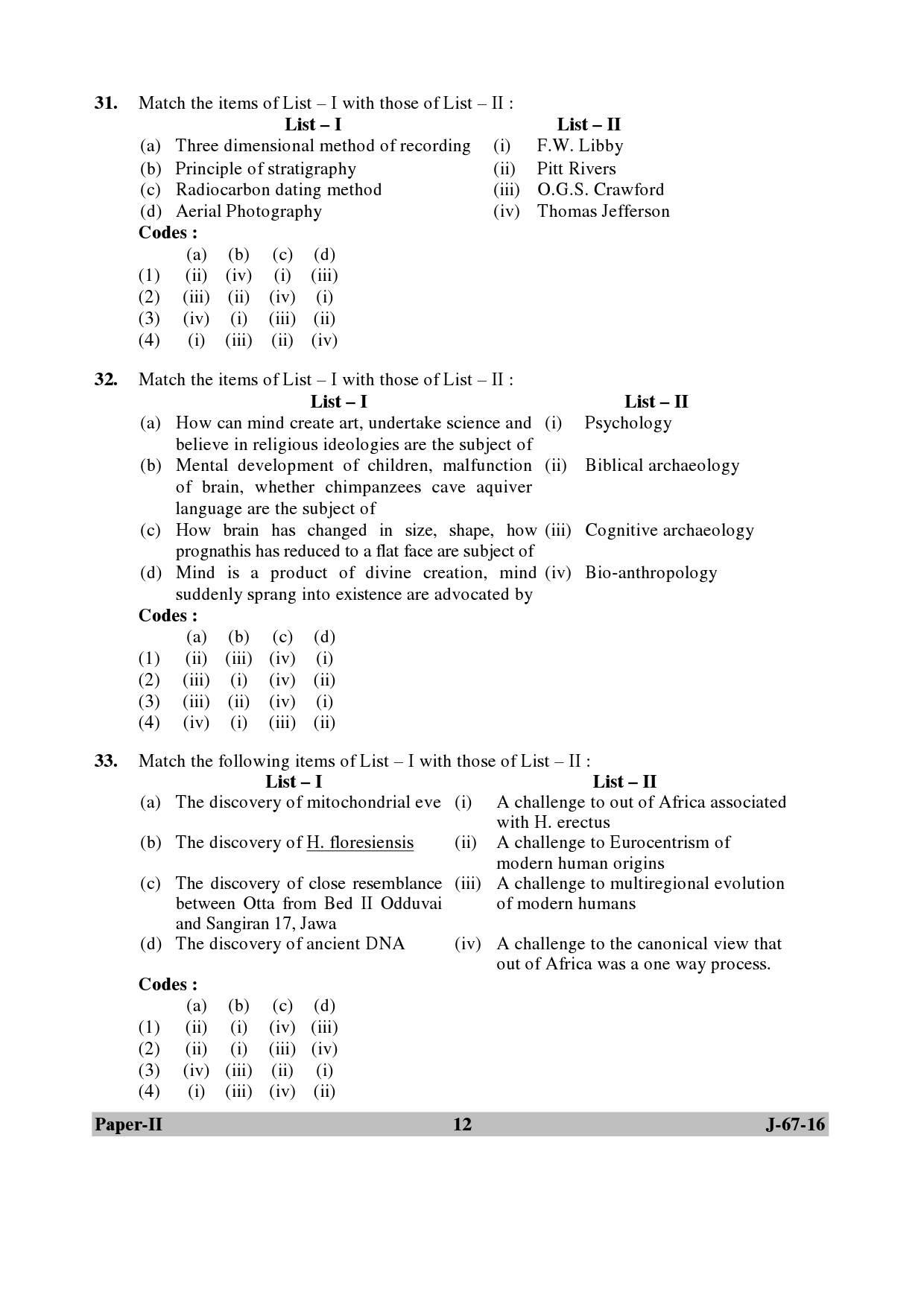 UGC NET Archaeology Question Paper II July 2016 12