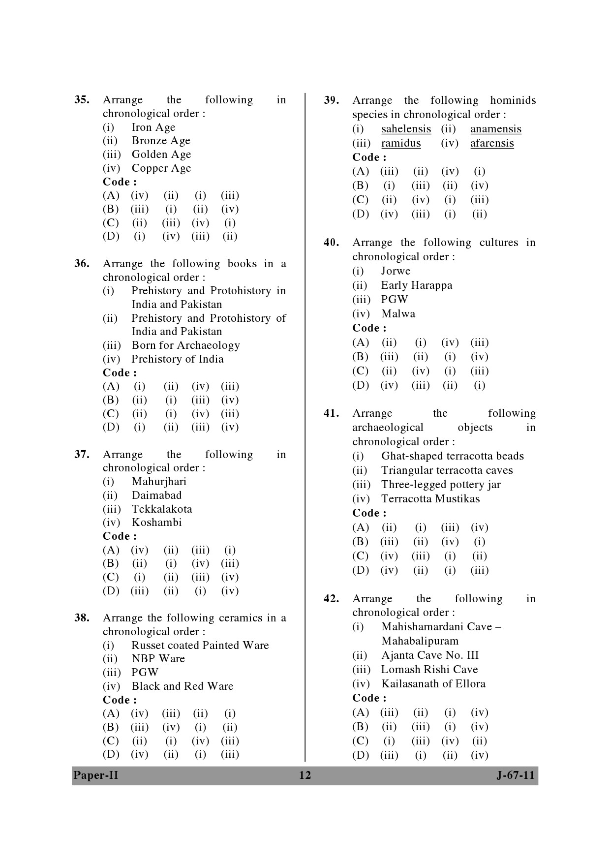 UGC NET Archaeology Question Paper II June 2011 12