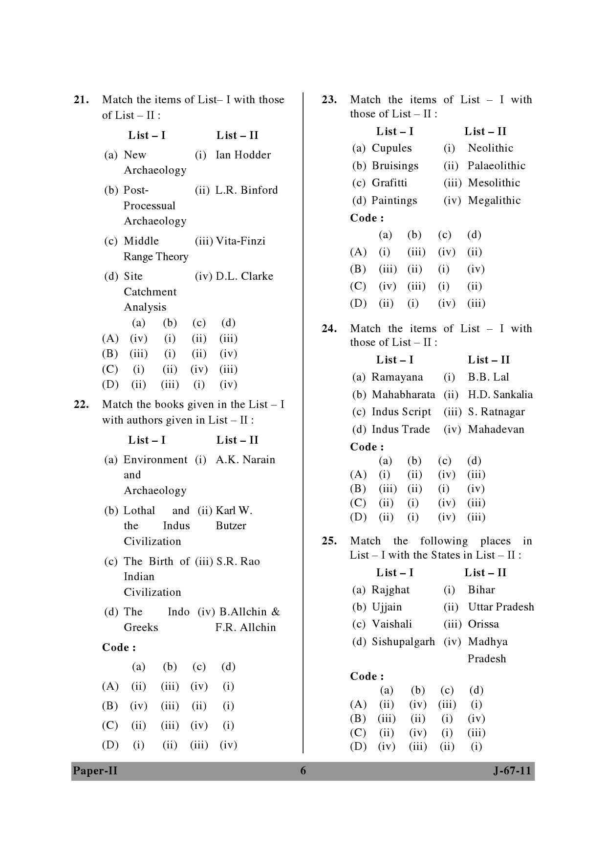 UGC NET Archaeology Question Paper II June 2011 6