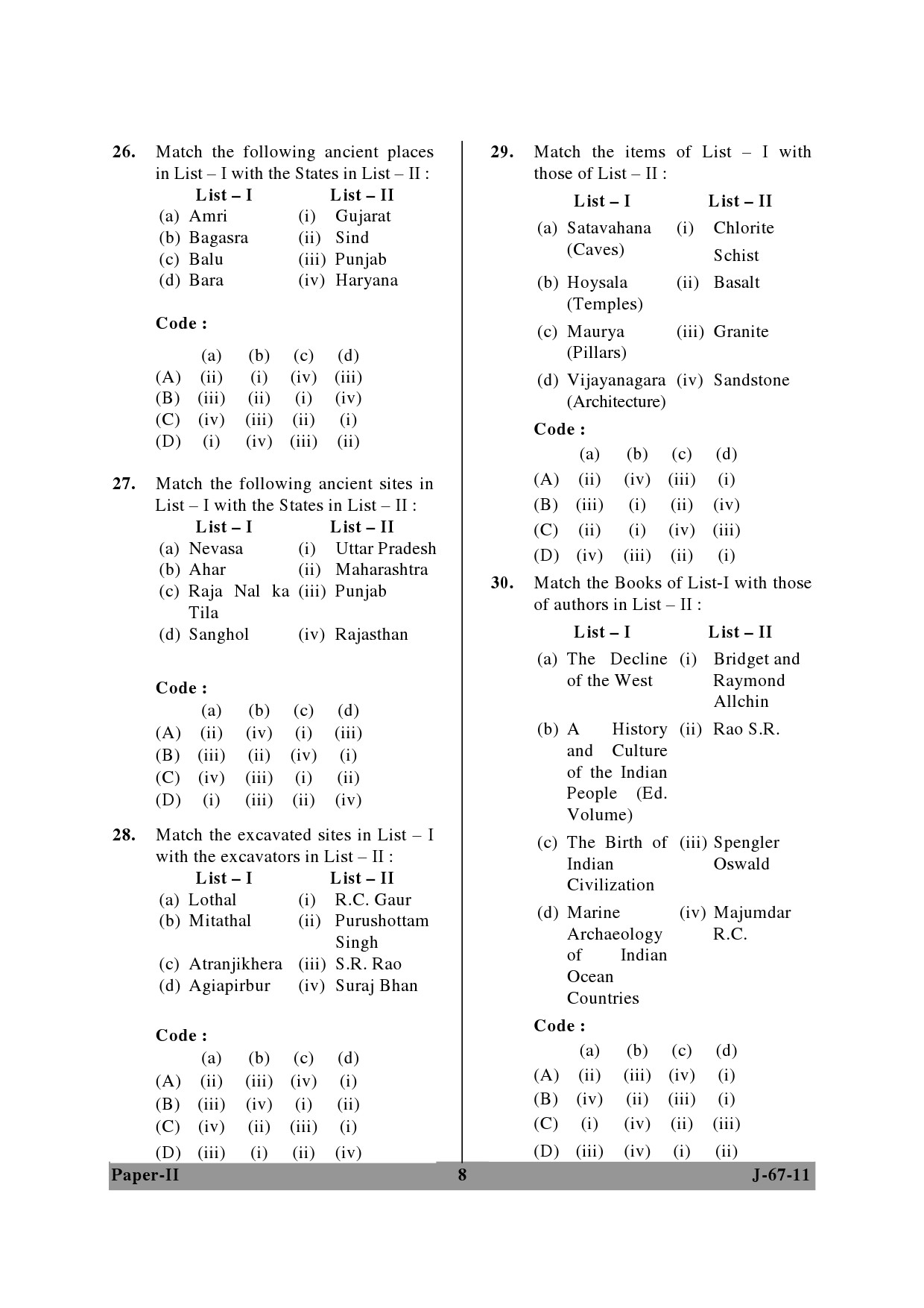 UGC NET Archaeology Question Paper II June 2011 8