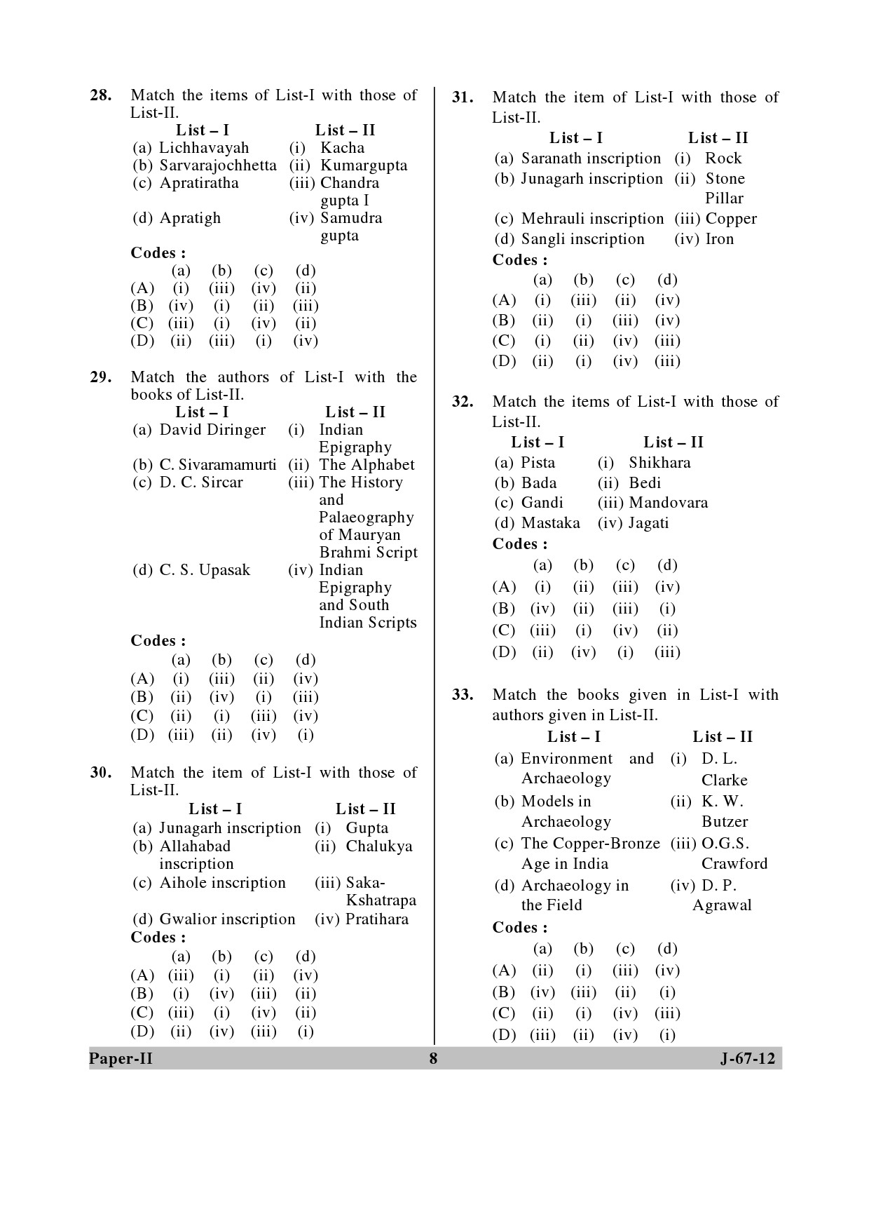 UGC NET Archaeology Question Paper II June 2012 8