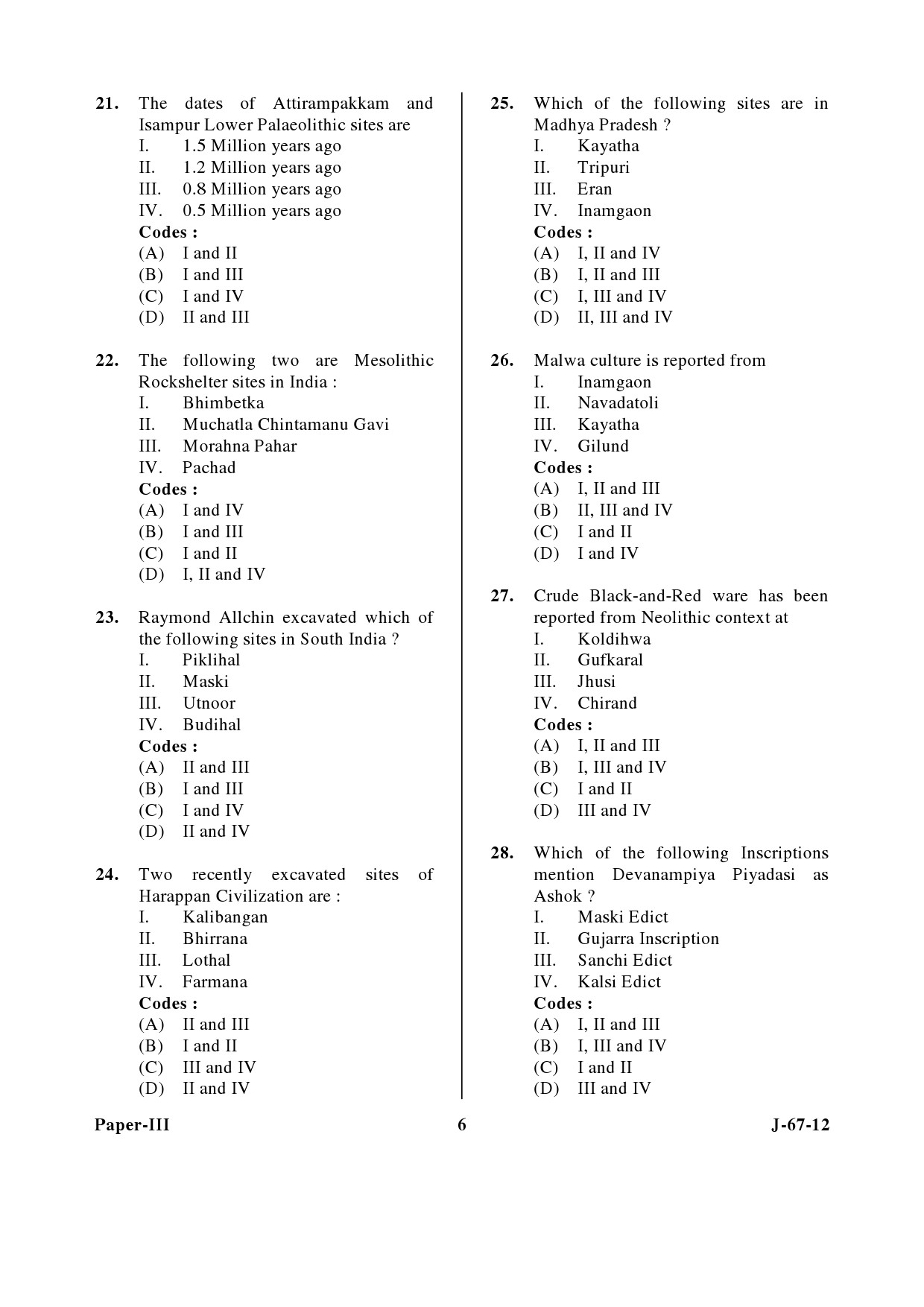 UGC NET Archaeology Question Paper III June 2012 6