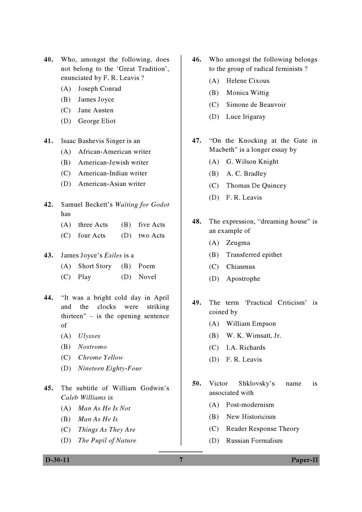 UGC NET English Question Paper II December 2011 7