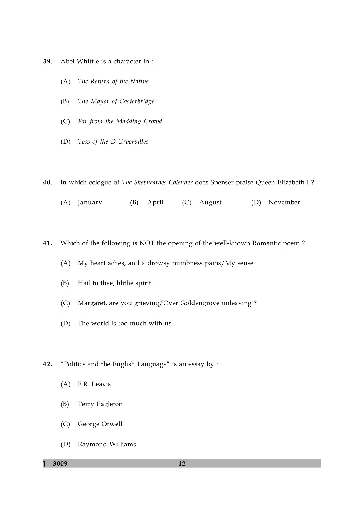 UGC NET English Question Paper II June 2009 12