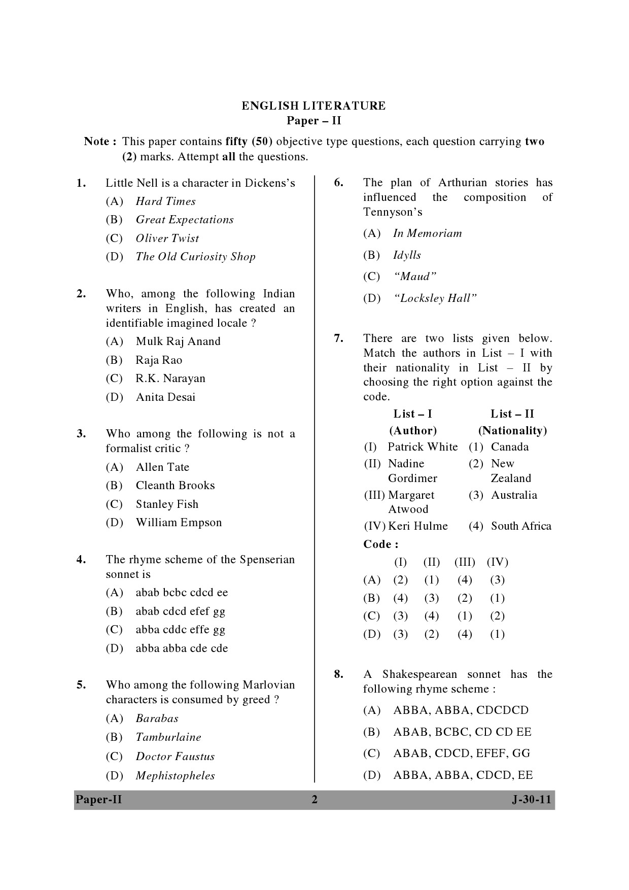 UGC NET English Question Paper II June 2011 2