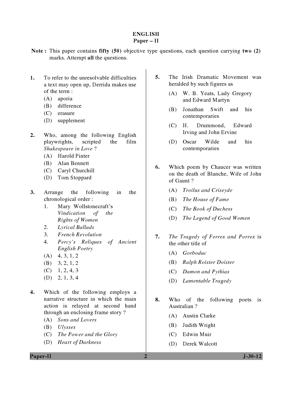 UGC NET English Question Paper II June 2012 2