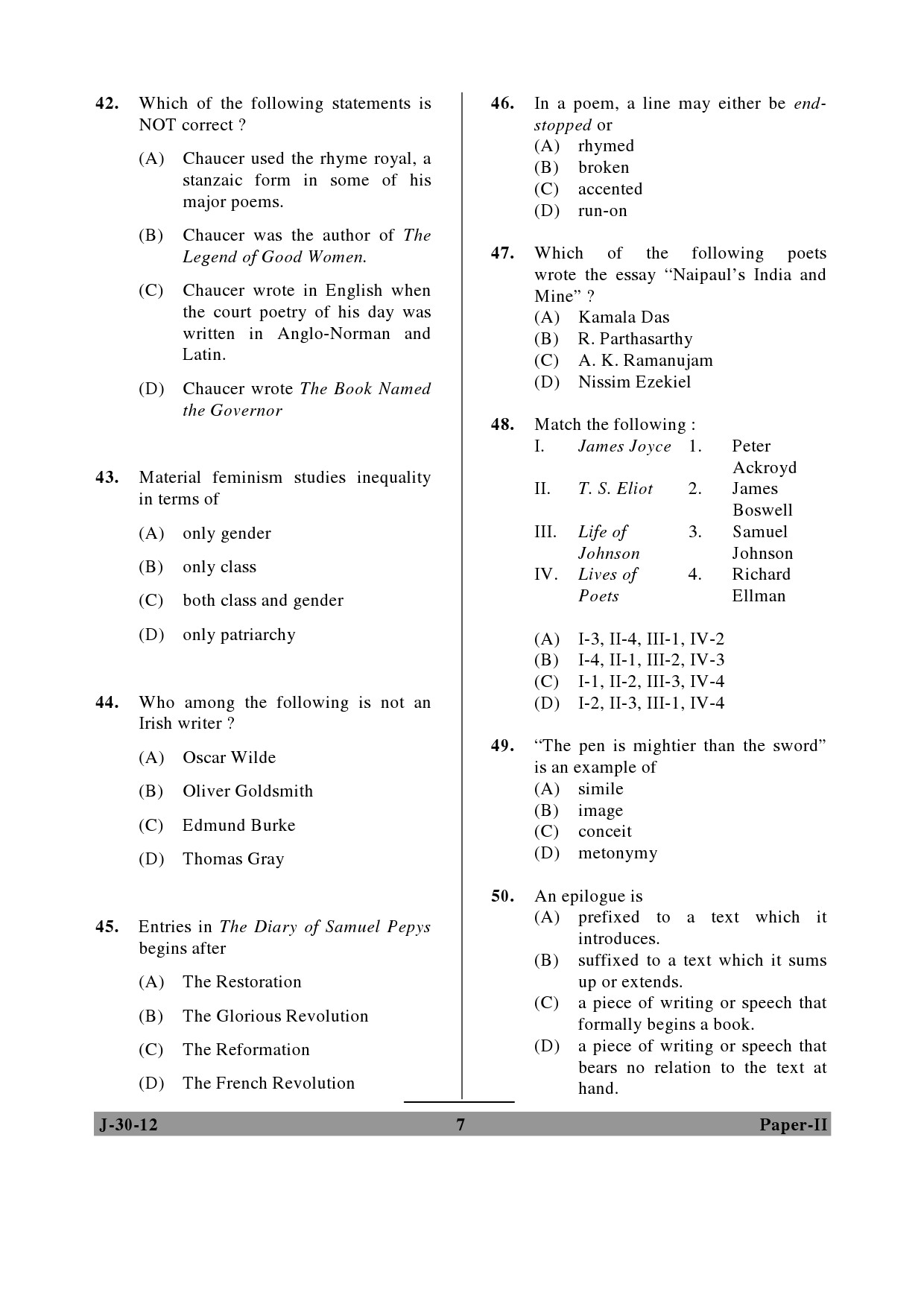 UGC NET English Question Paper II June 2012 7