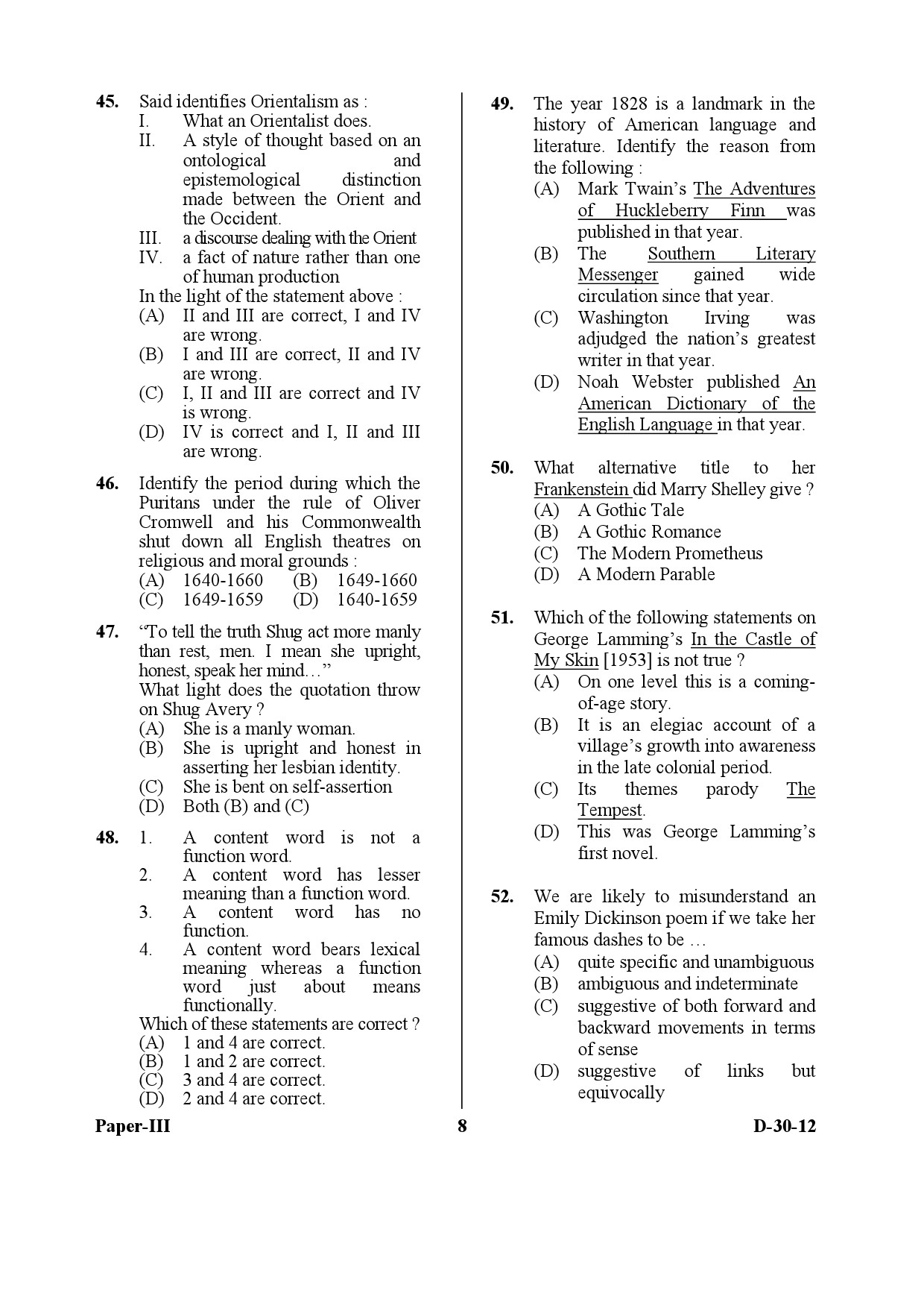 UGC NET English Question Paper III December 2012 8