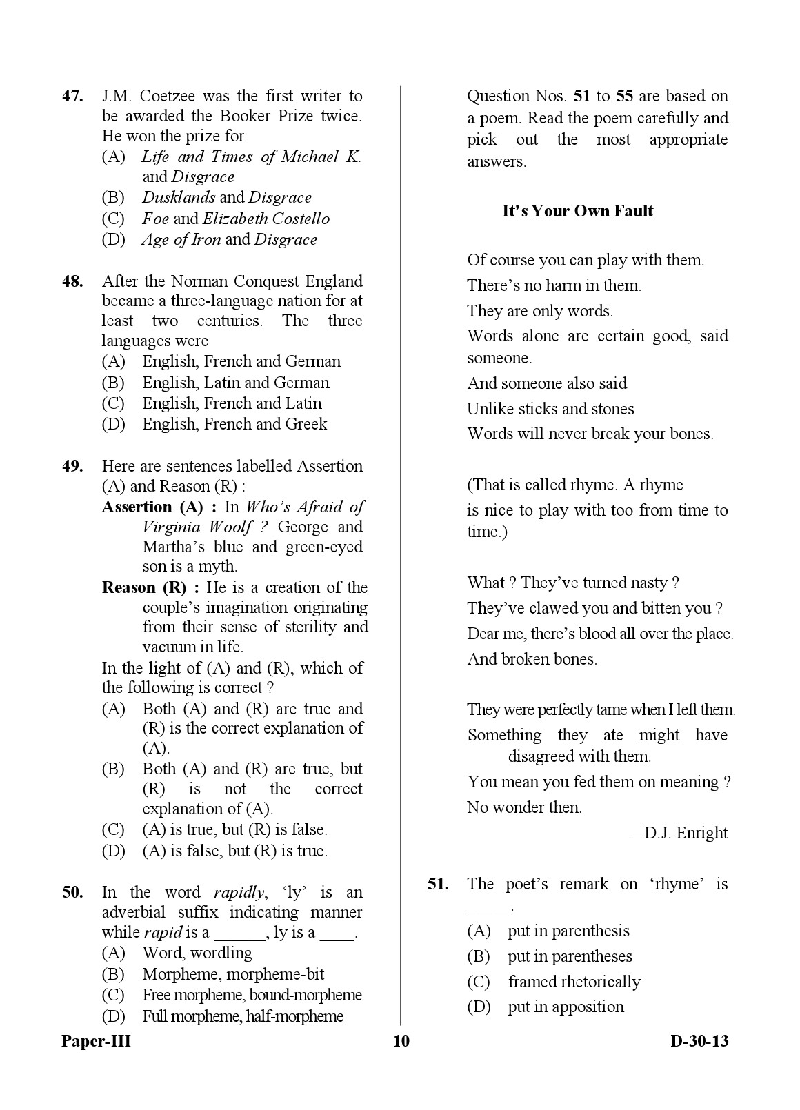 UGC NET English Question Paper III December 2013 10