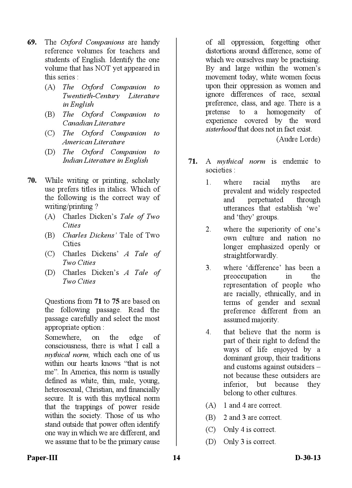 UGC NET English Question Paper III December 2013 14