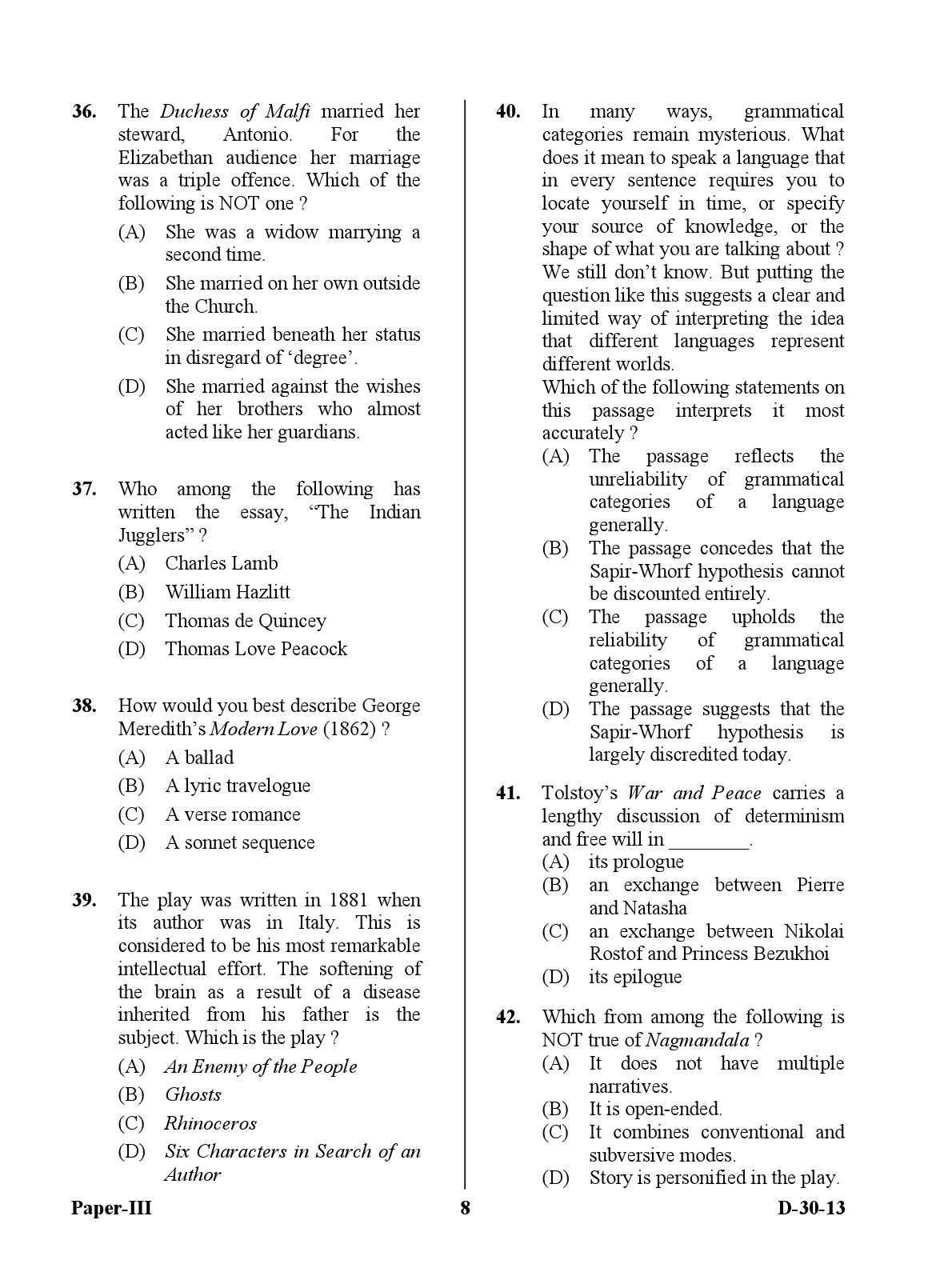 UGC NET English Question Paper III December 2013 8