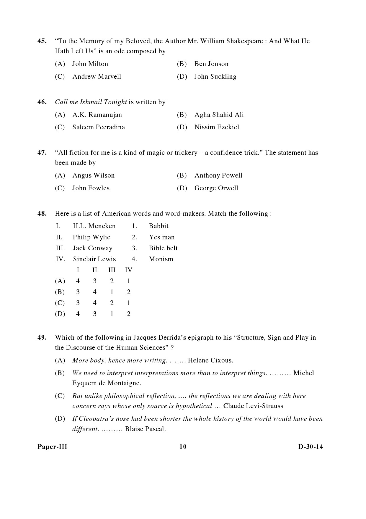 UGC NET English Question Paper III December 2014 10