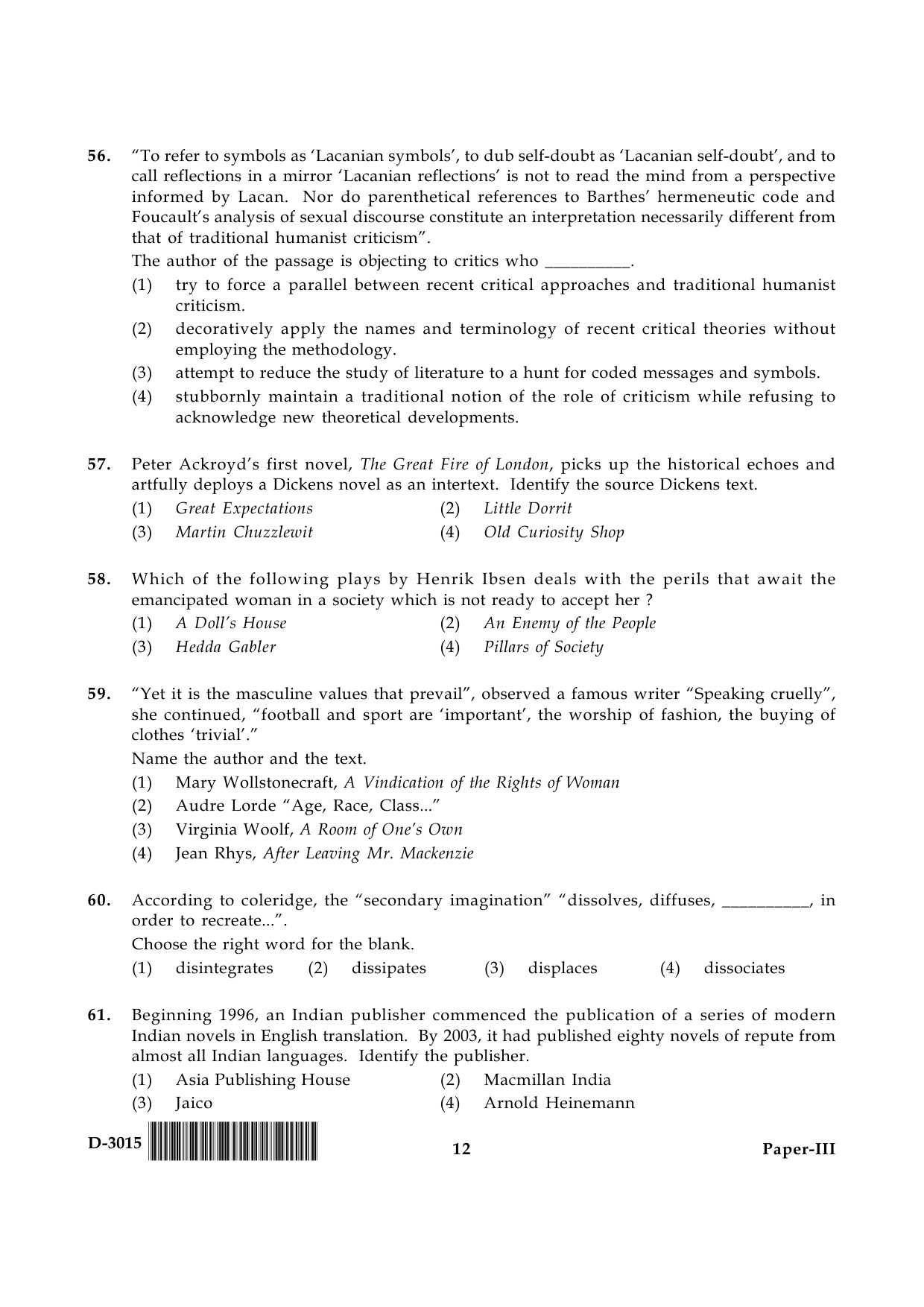 UGC NET English Question Paper III December 2015 12