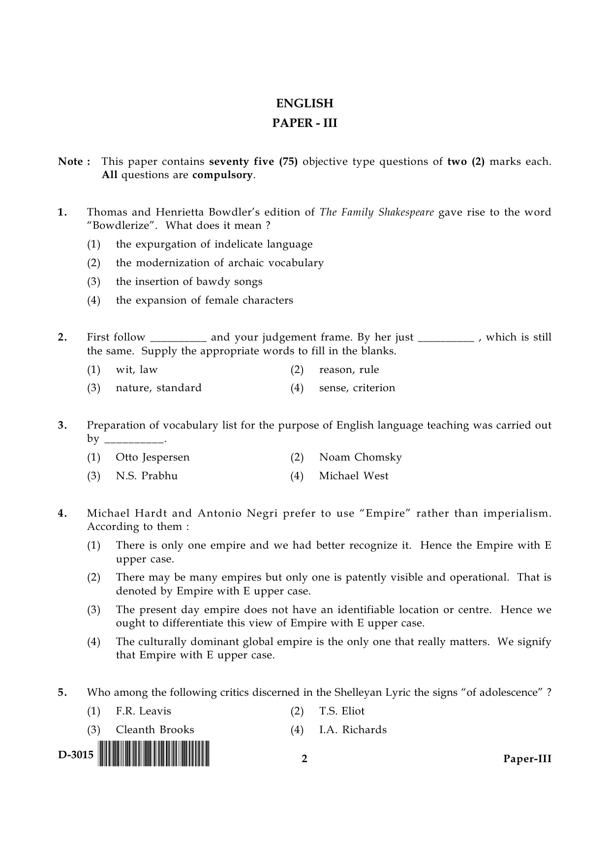 UGC NET English Question Paper III December 2015 2