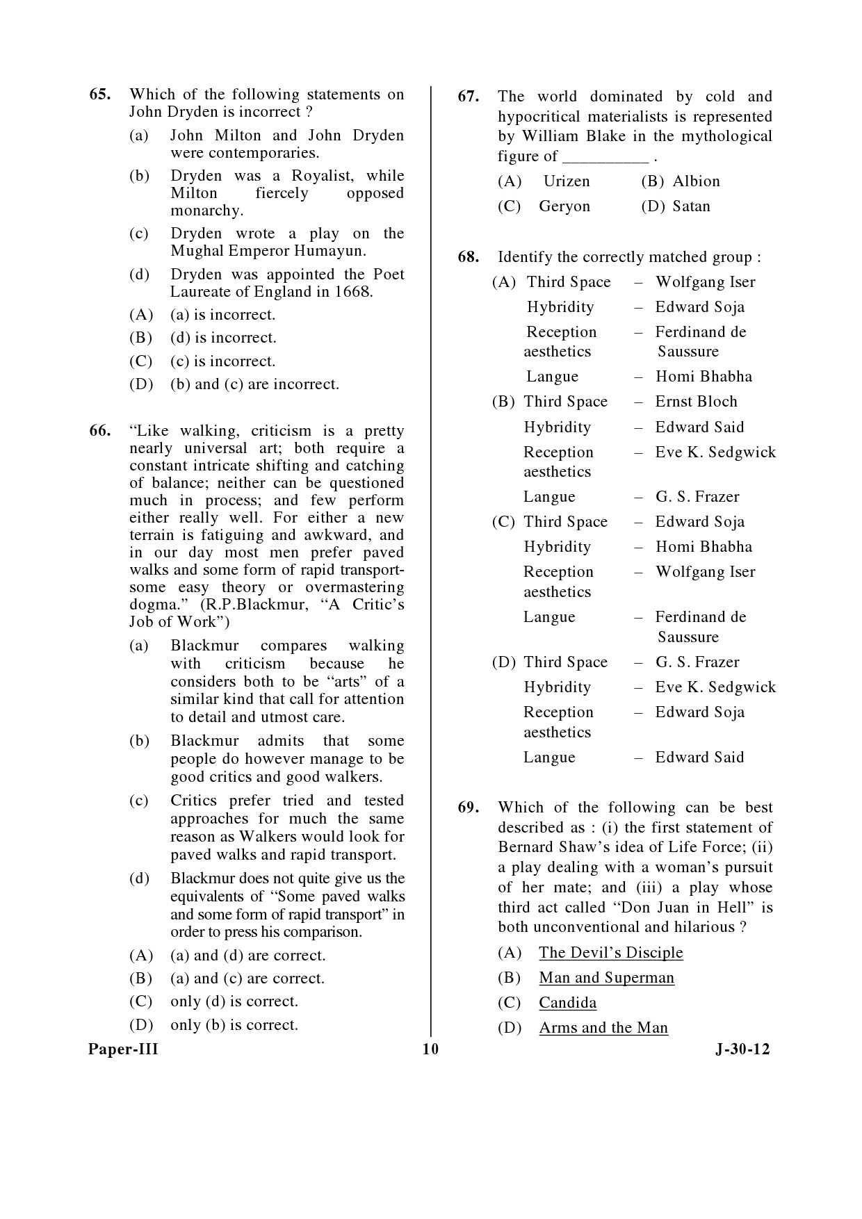 UGC NET English Question Paper III June 2012 10