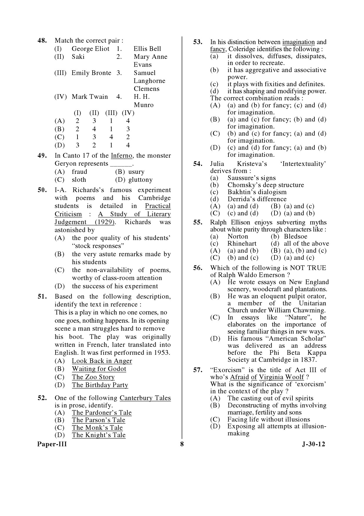 UGC NET English Question Paper III June 2012 8