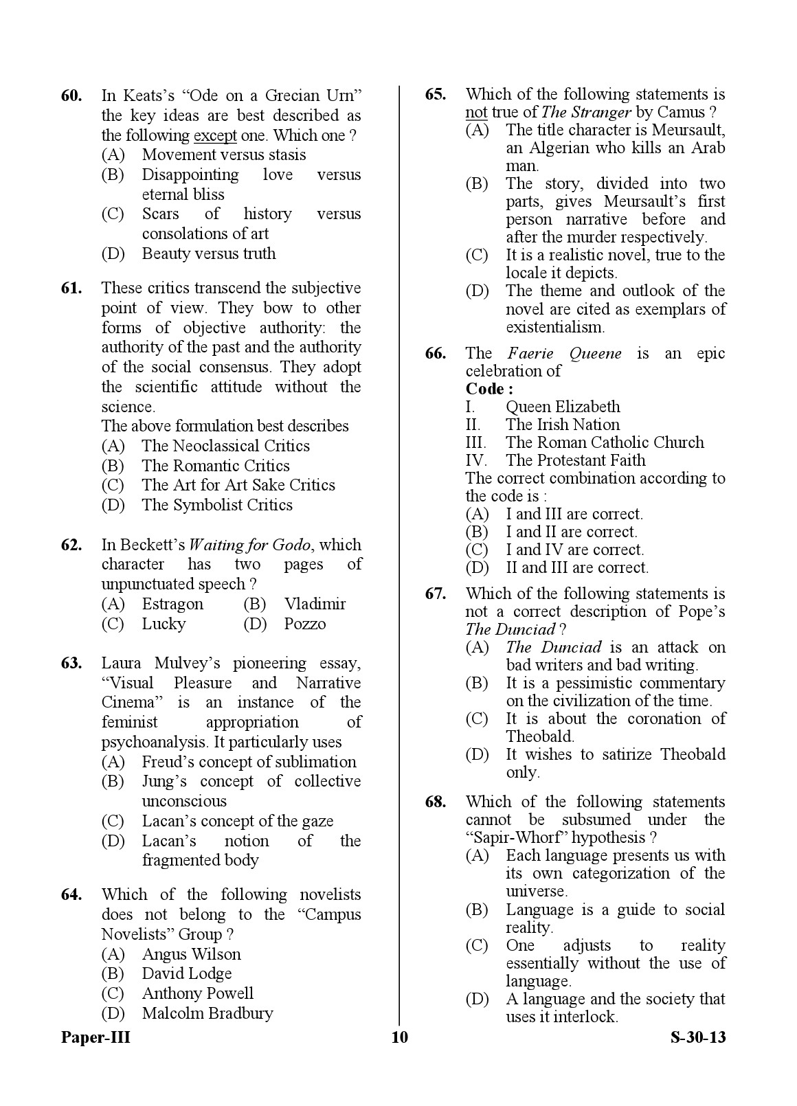 UGC NET English Question Paper III June 2013 10