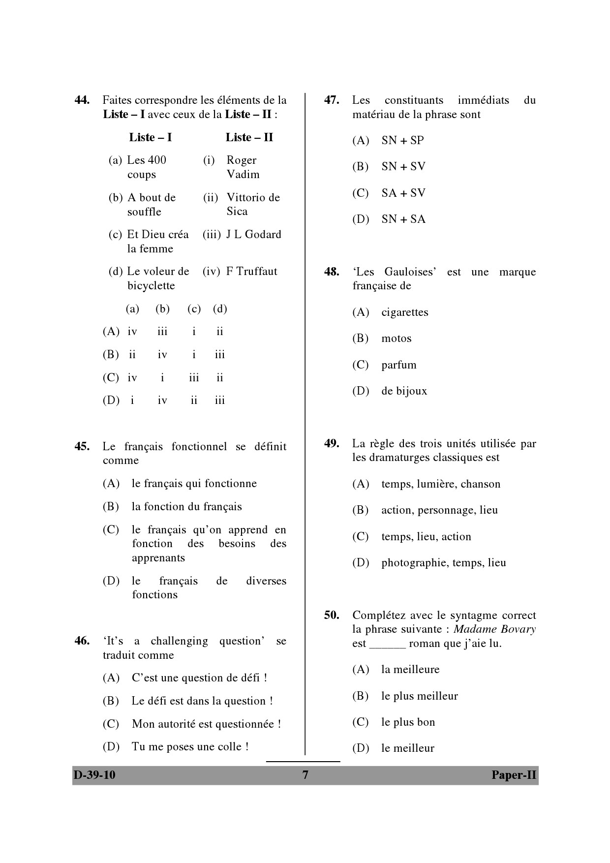 UGC NET French Question Paper II December 2010 7