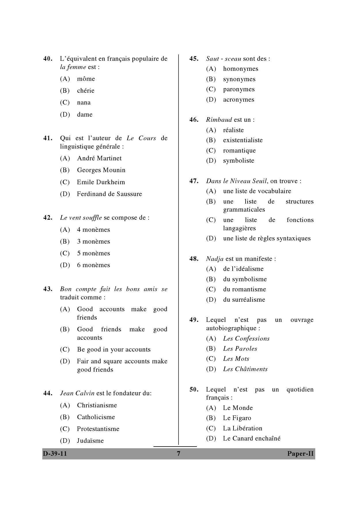 UGC NET French Question Paper II December 2011 7