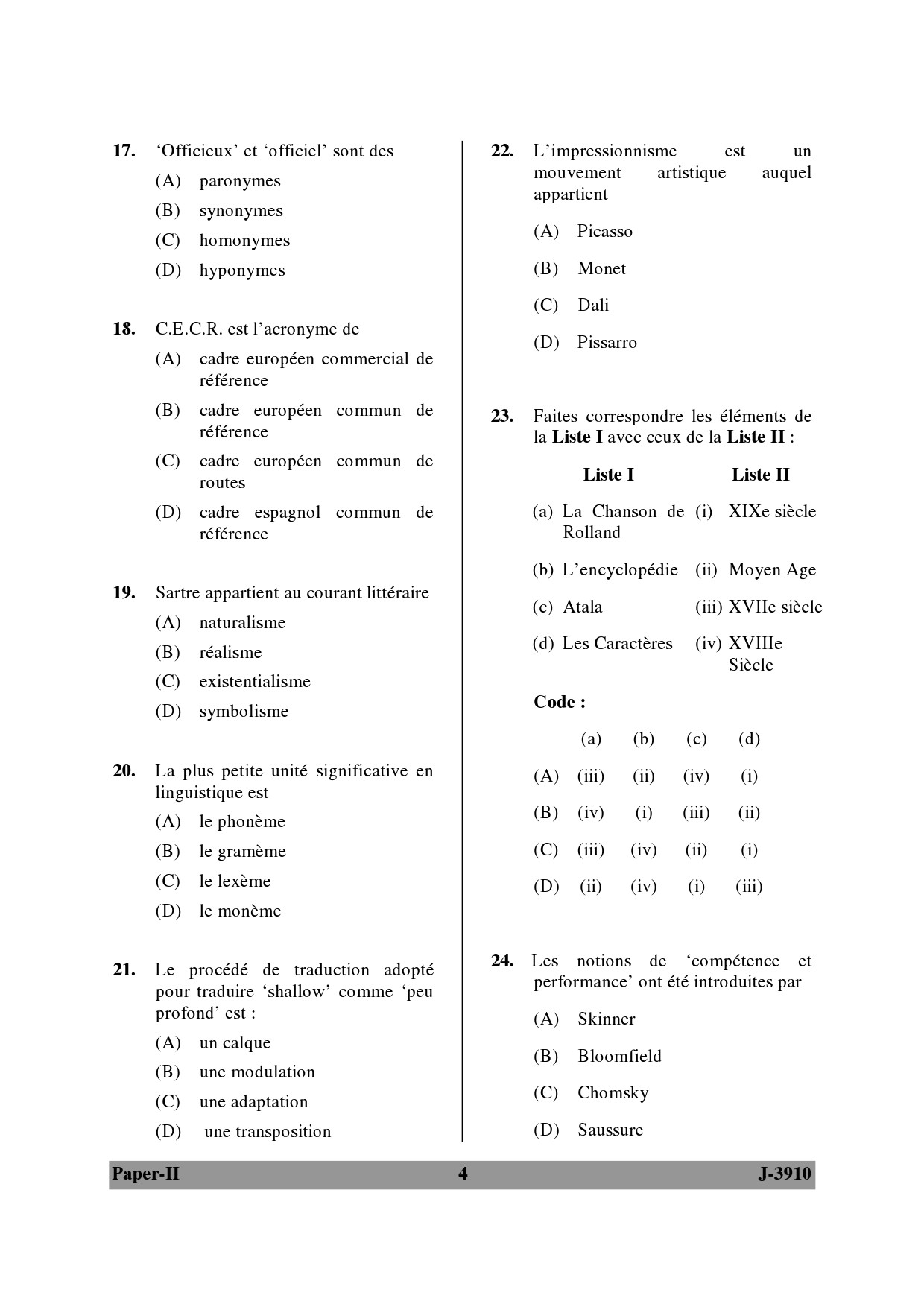 UGC NET French Question Paper II June 2010 4