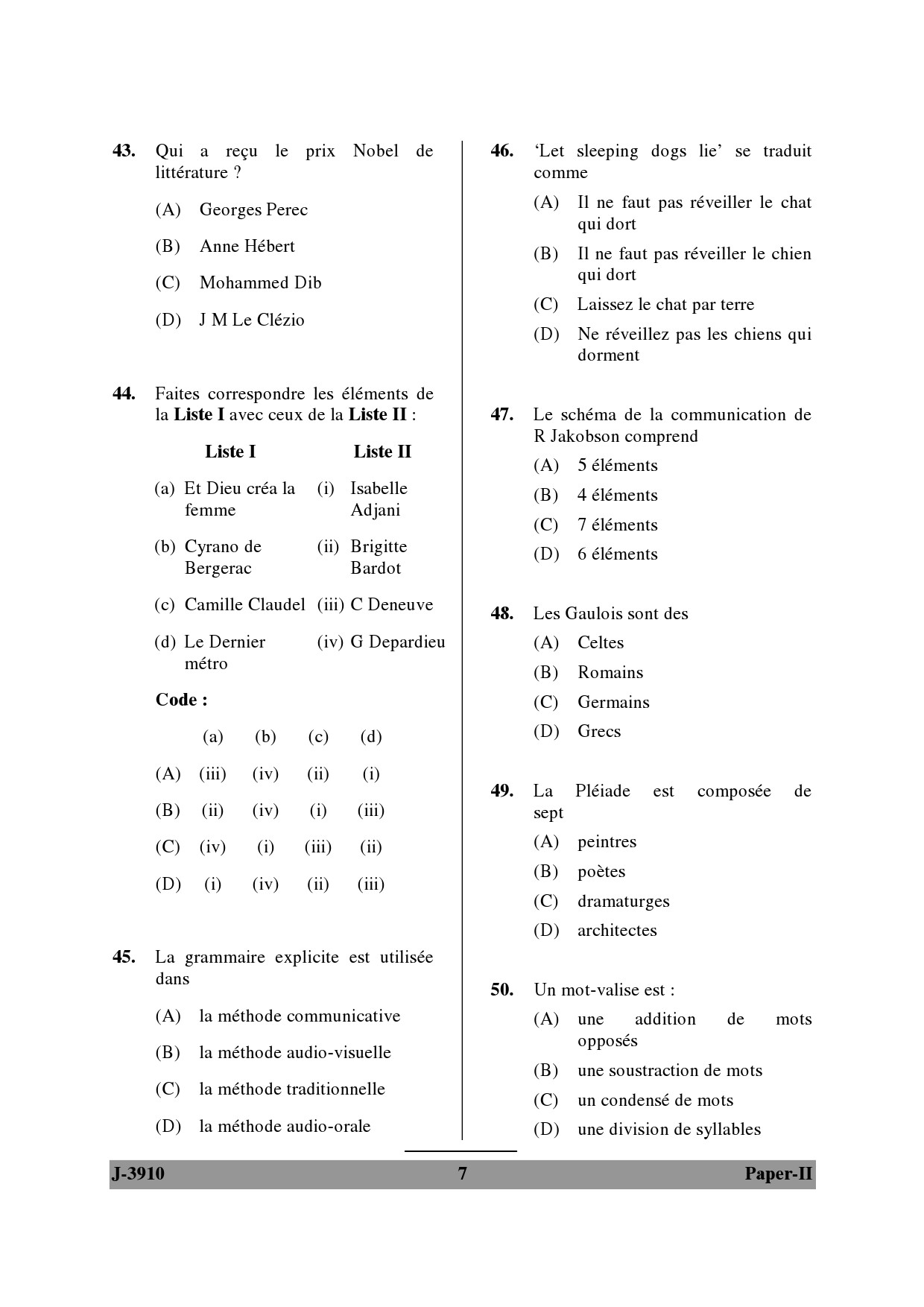 UGC NET French Question Paper II June 2010 7