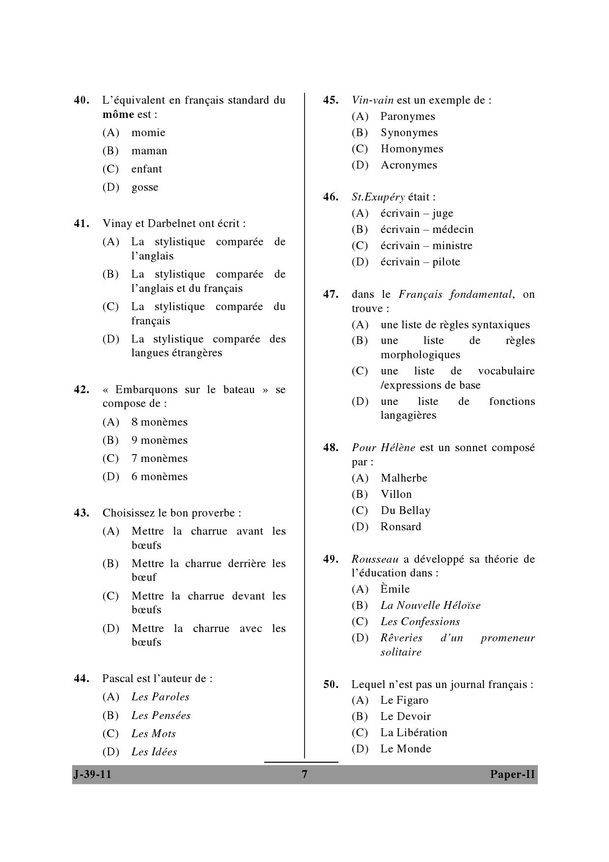 UGC NET French Question Paper II June 2011 7