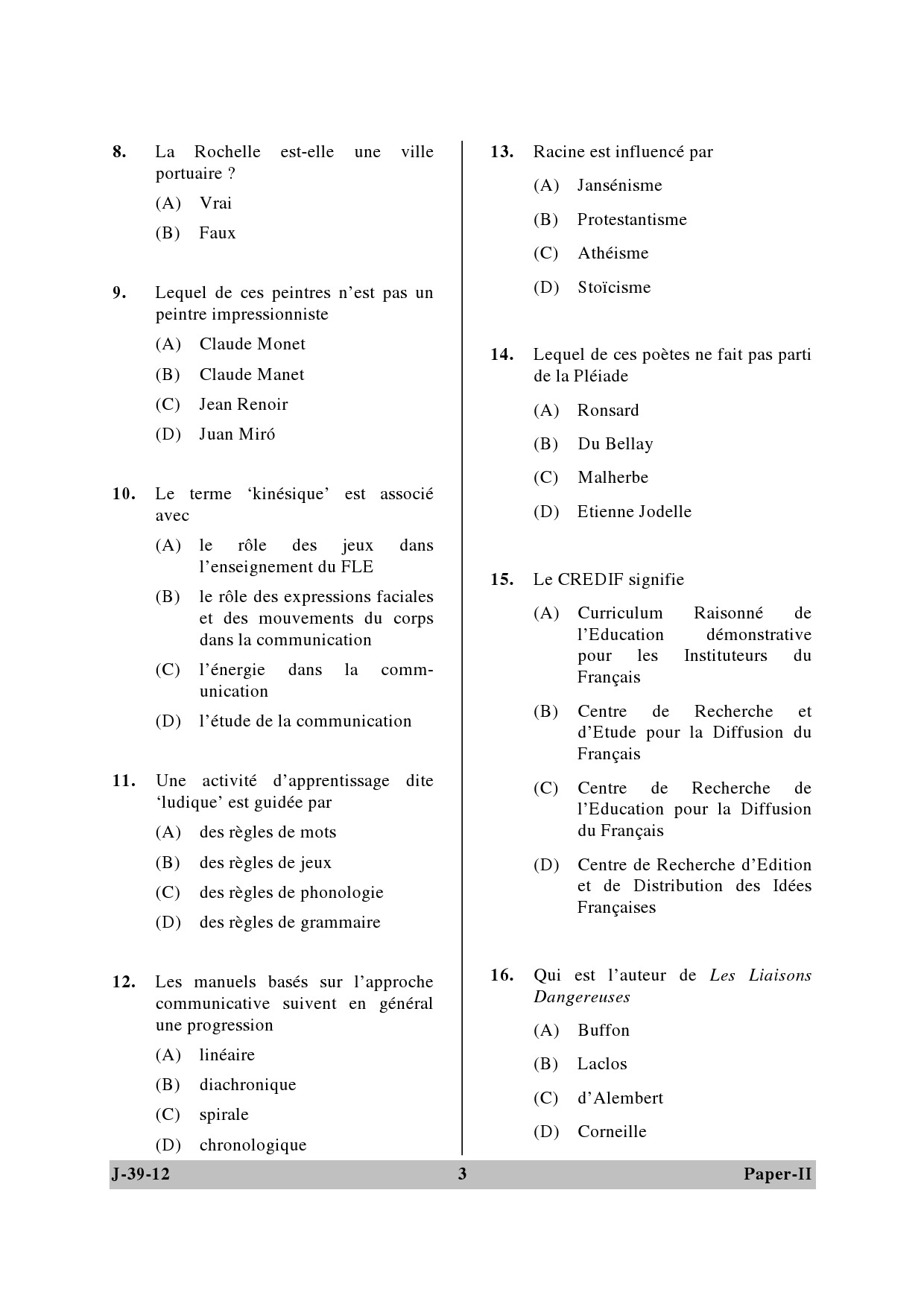 UGC NET French Question Paper II June 2012 3