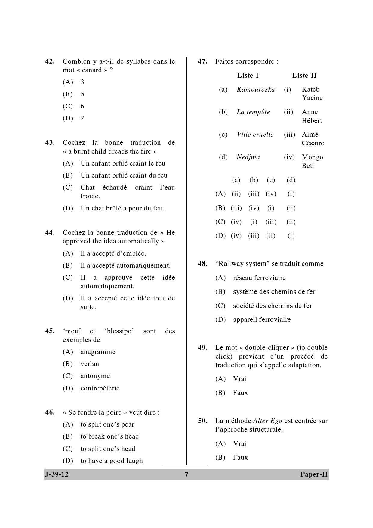 UGC NET French Question Paper II June 2012 7