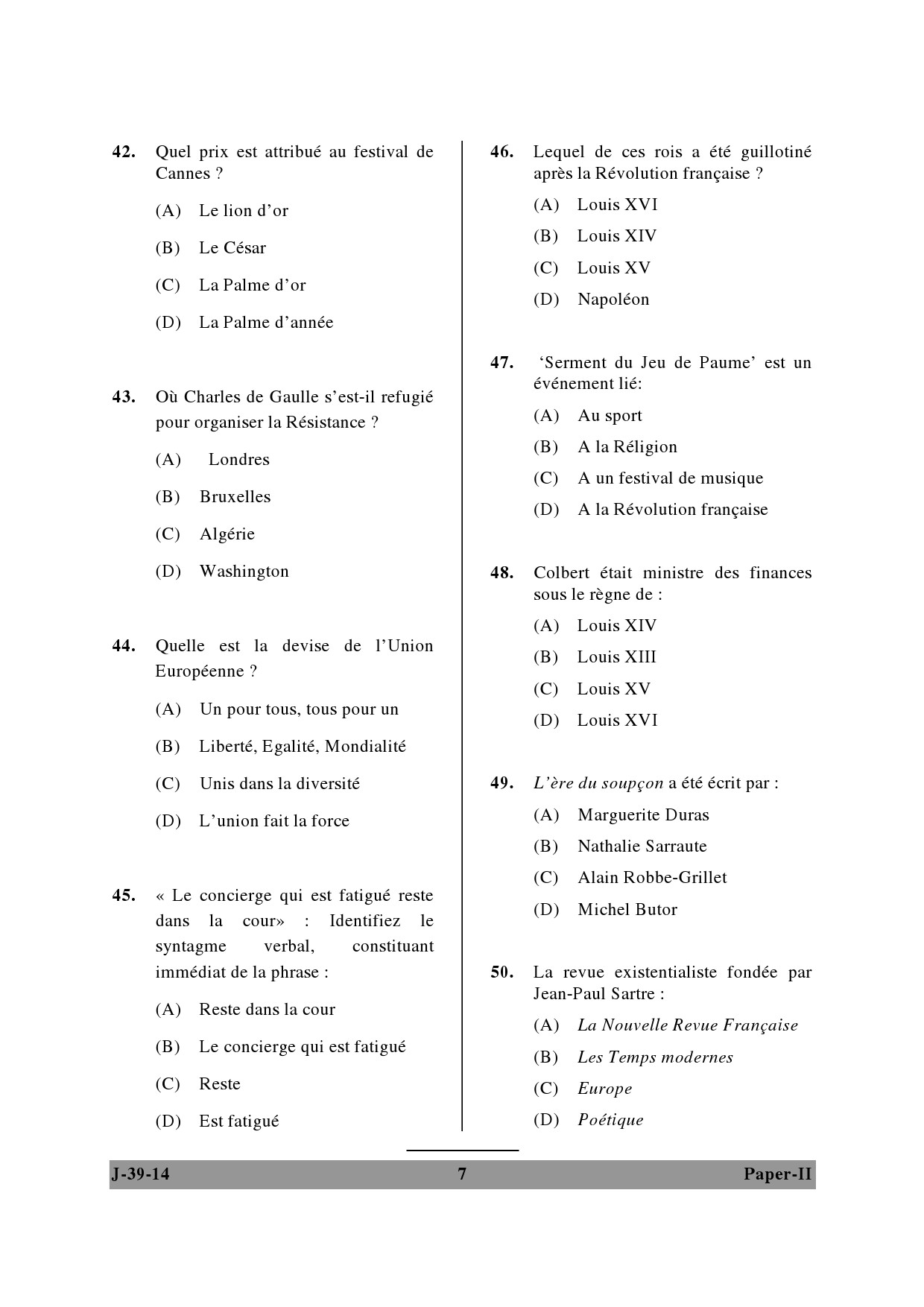 UGC NET French Question Paper II June 2014 7