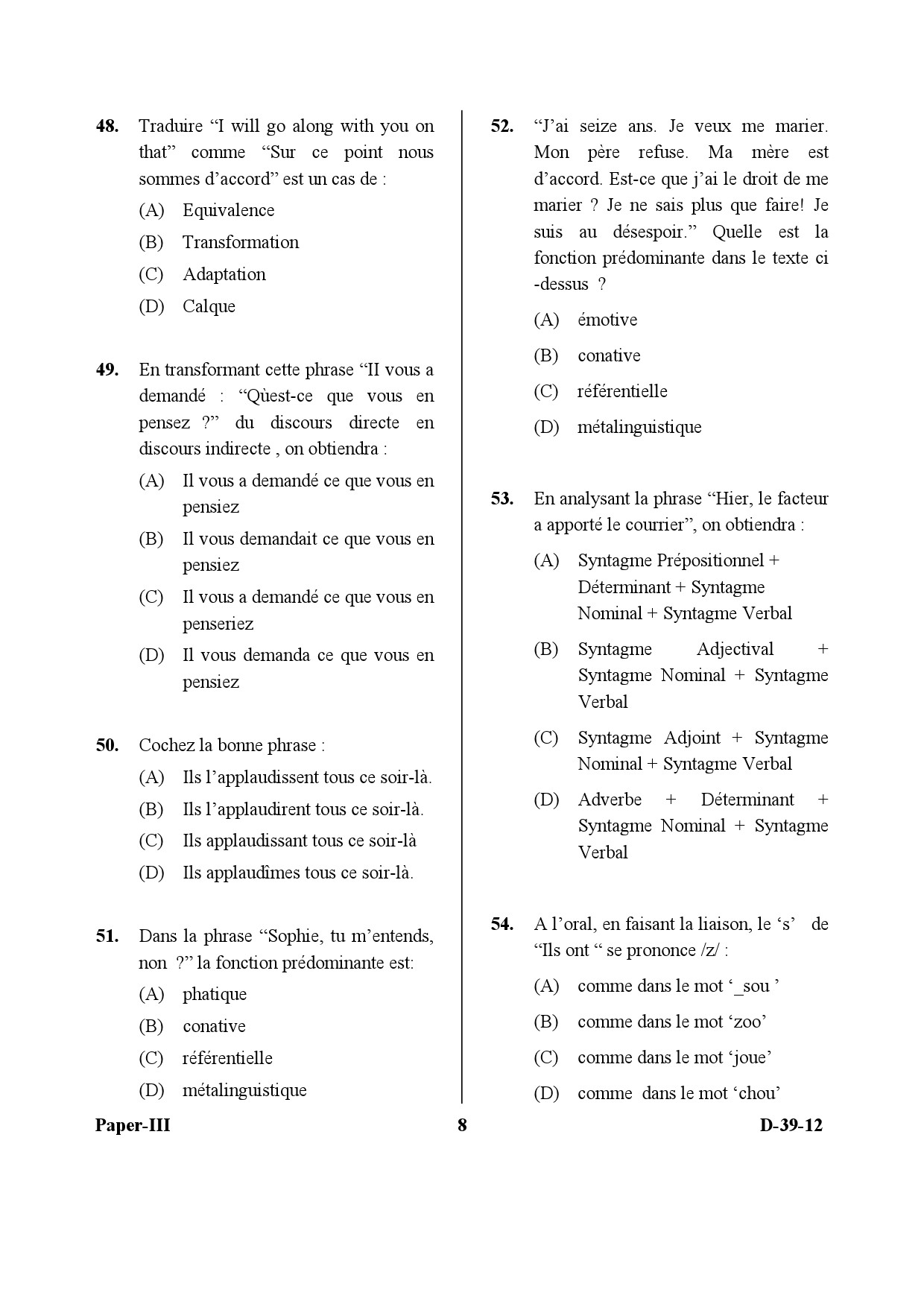 UGC NET French Question Paper III December 2012 8