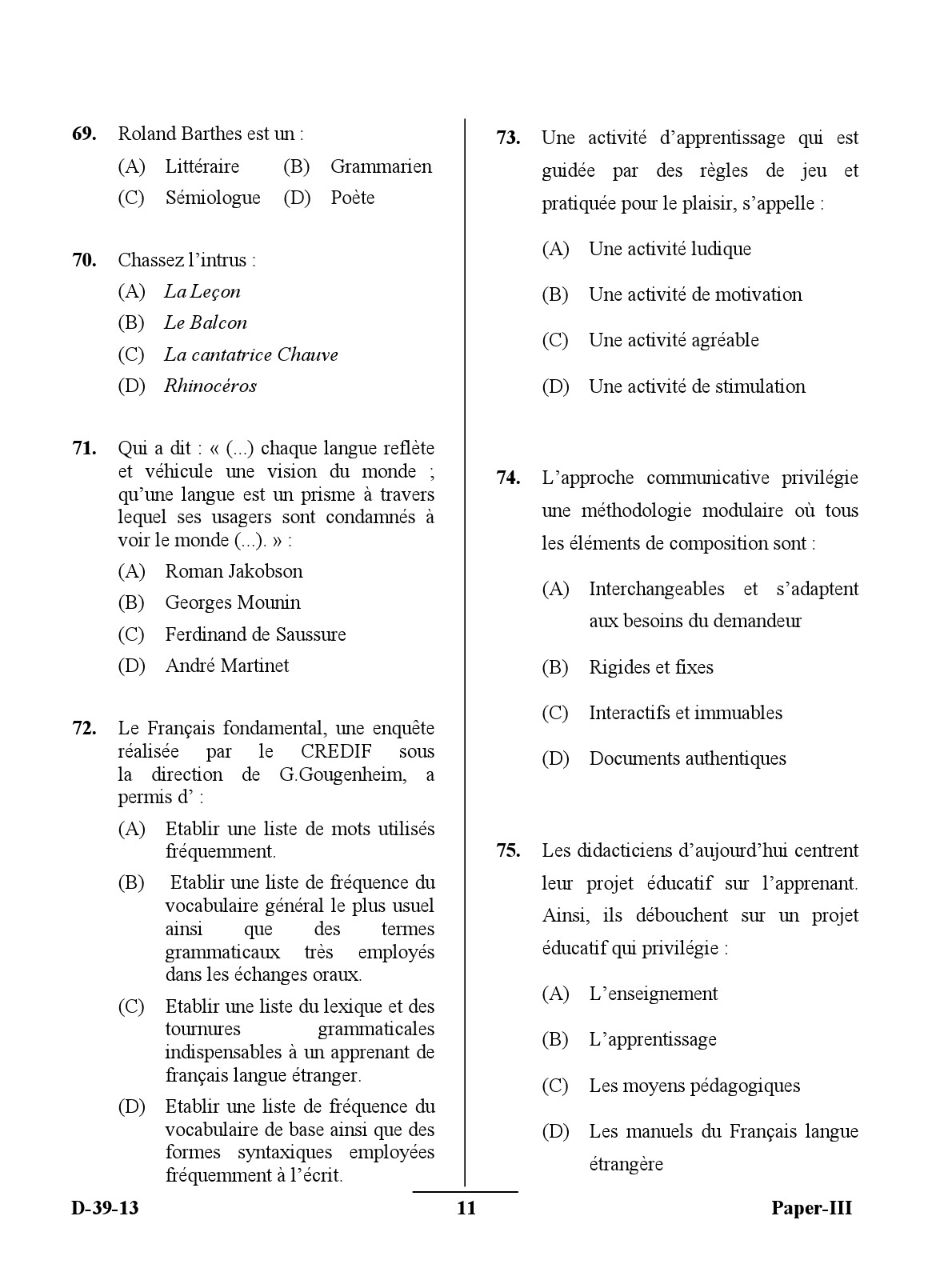 UGC NET French Question Paper III December 2013 11