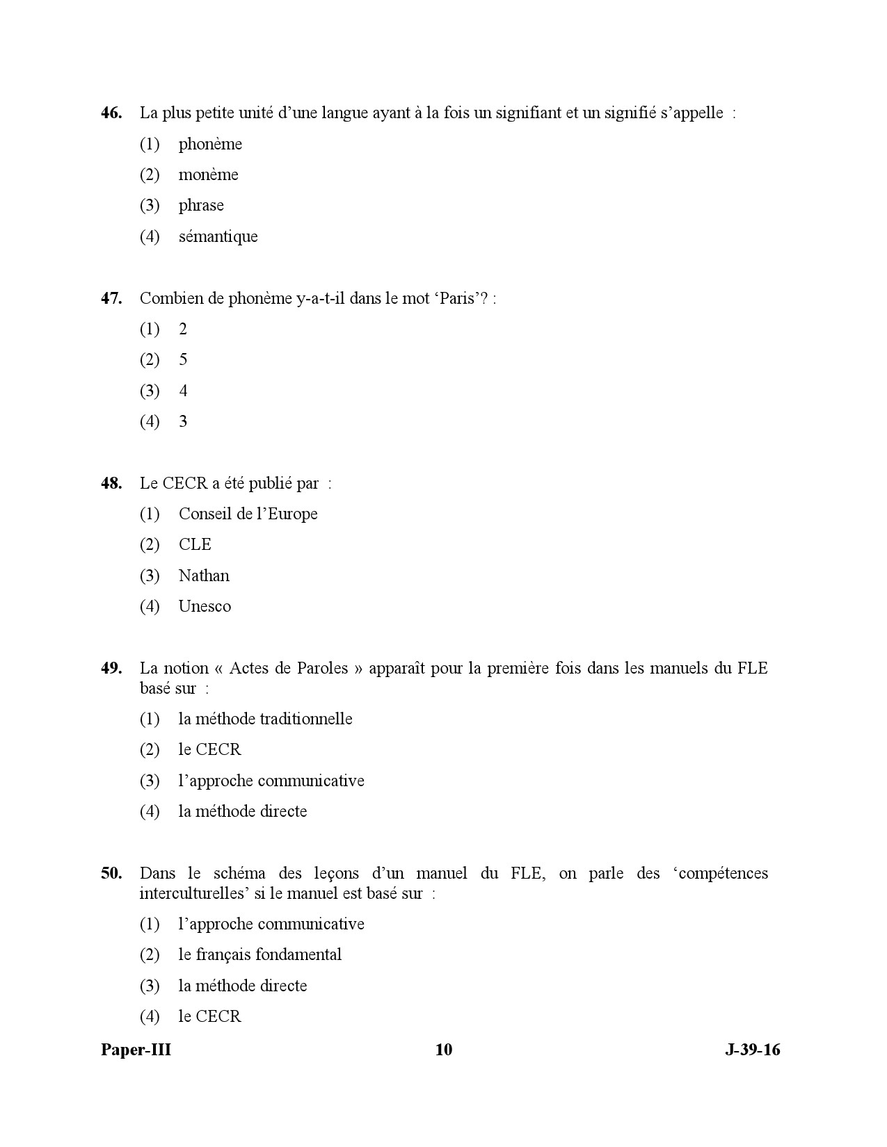 UGC NET French Question Paper III July 2016 10